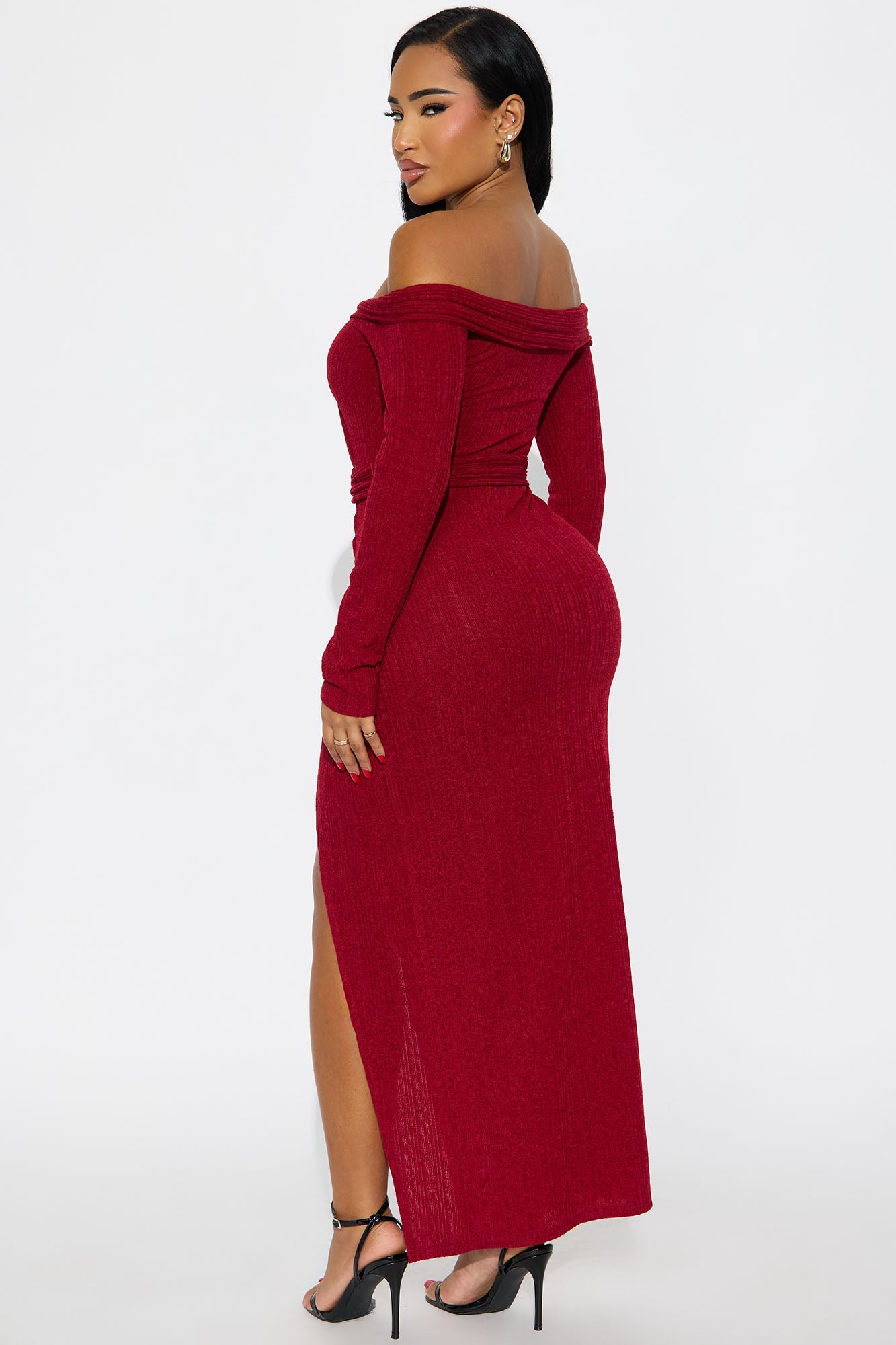Selene Off Shoulder Sweater Maxi Dress - Burgundy
