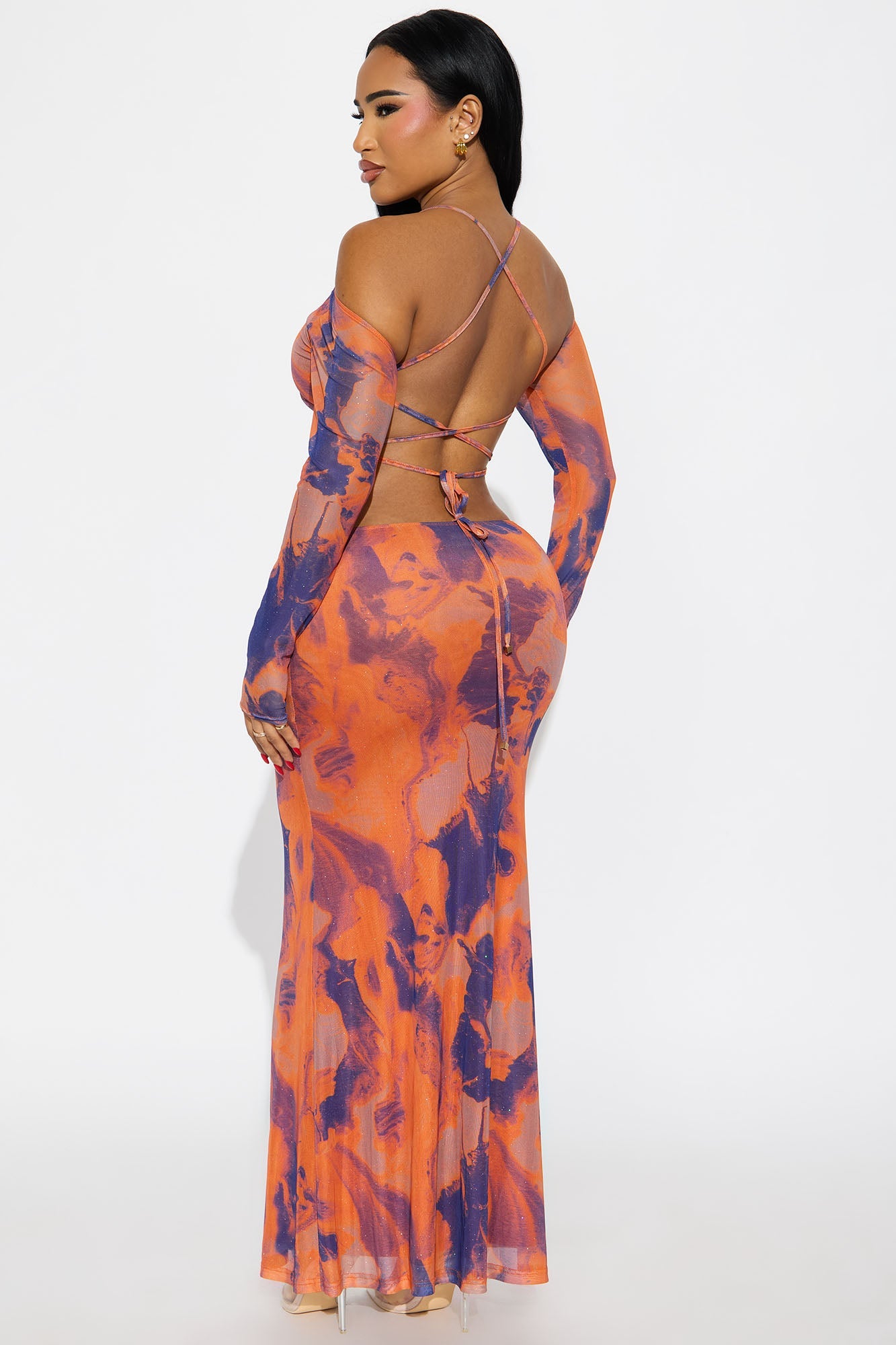 Azura Strappy Backless Mesh Maxi Dress - Orange/combo