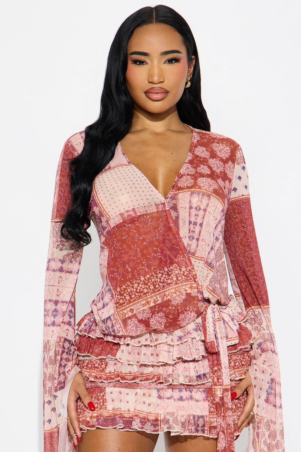 Raya Mesh Paisley Mini Dress - Red/combo