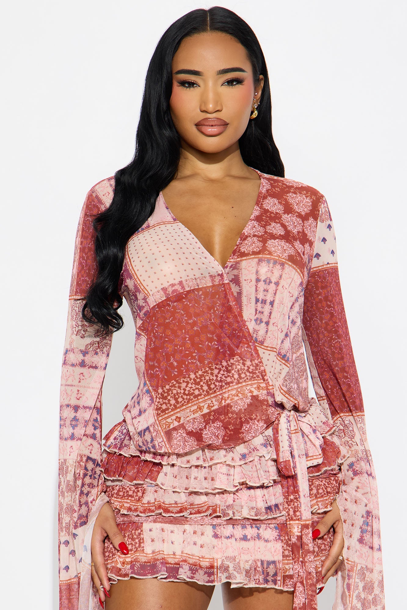 Raya Mesh Paisley Mini Dress - Red/combo