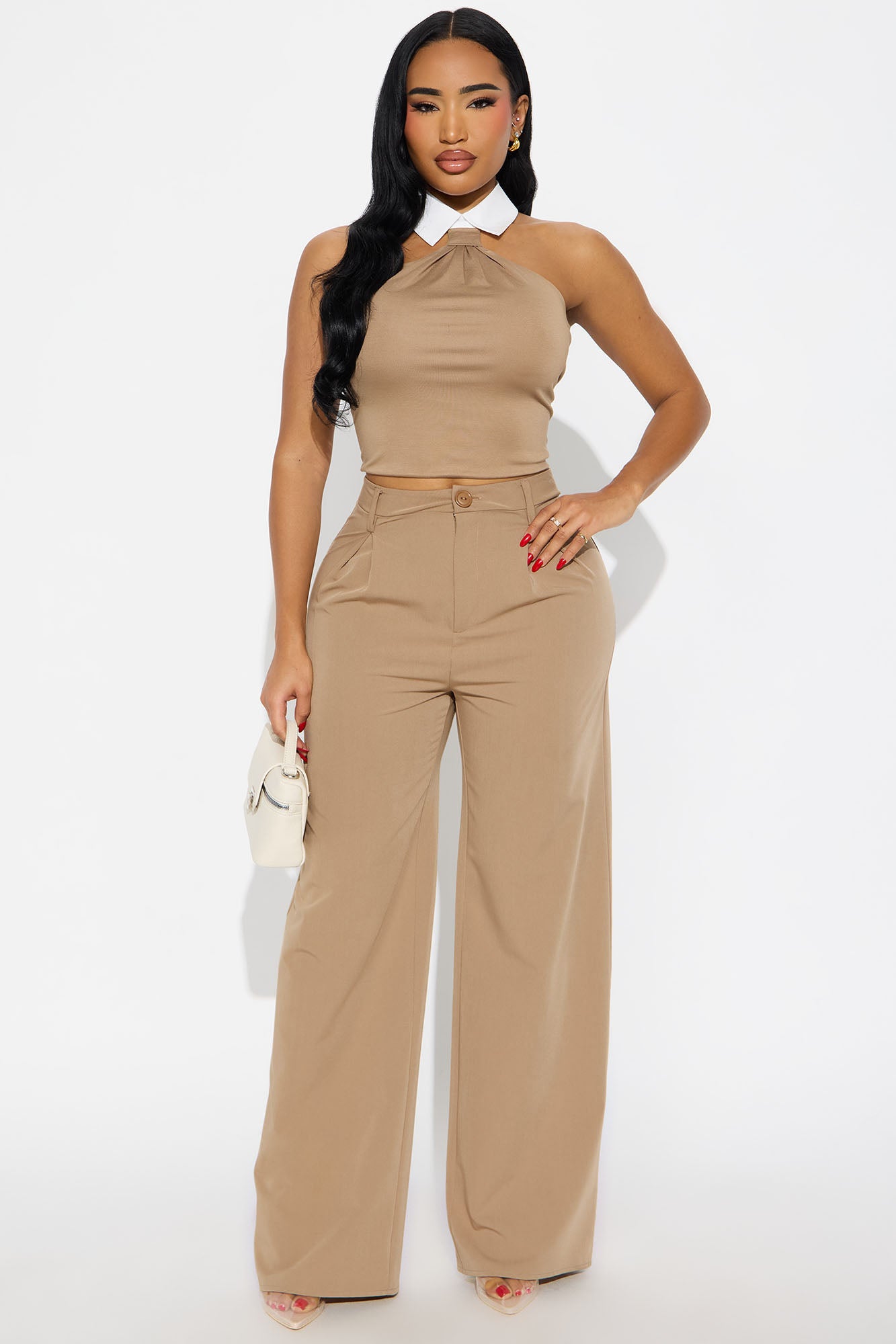 Double Agent Collared Halter Top - Mocha/combo