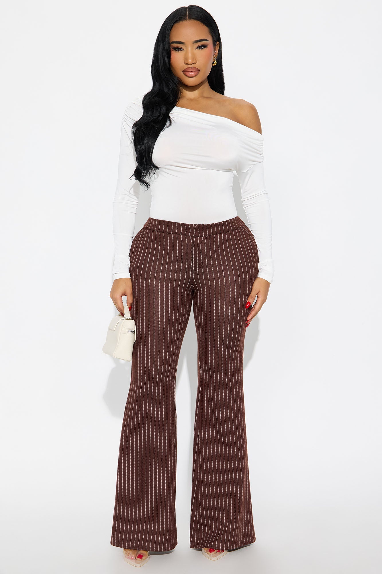 Nadine Pinstripe Stretch Flare Pant 33″ - Brown