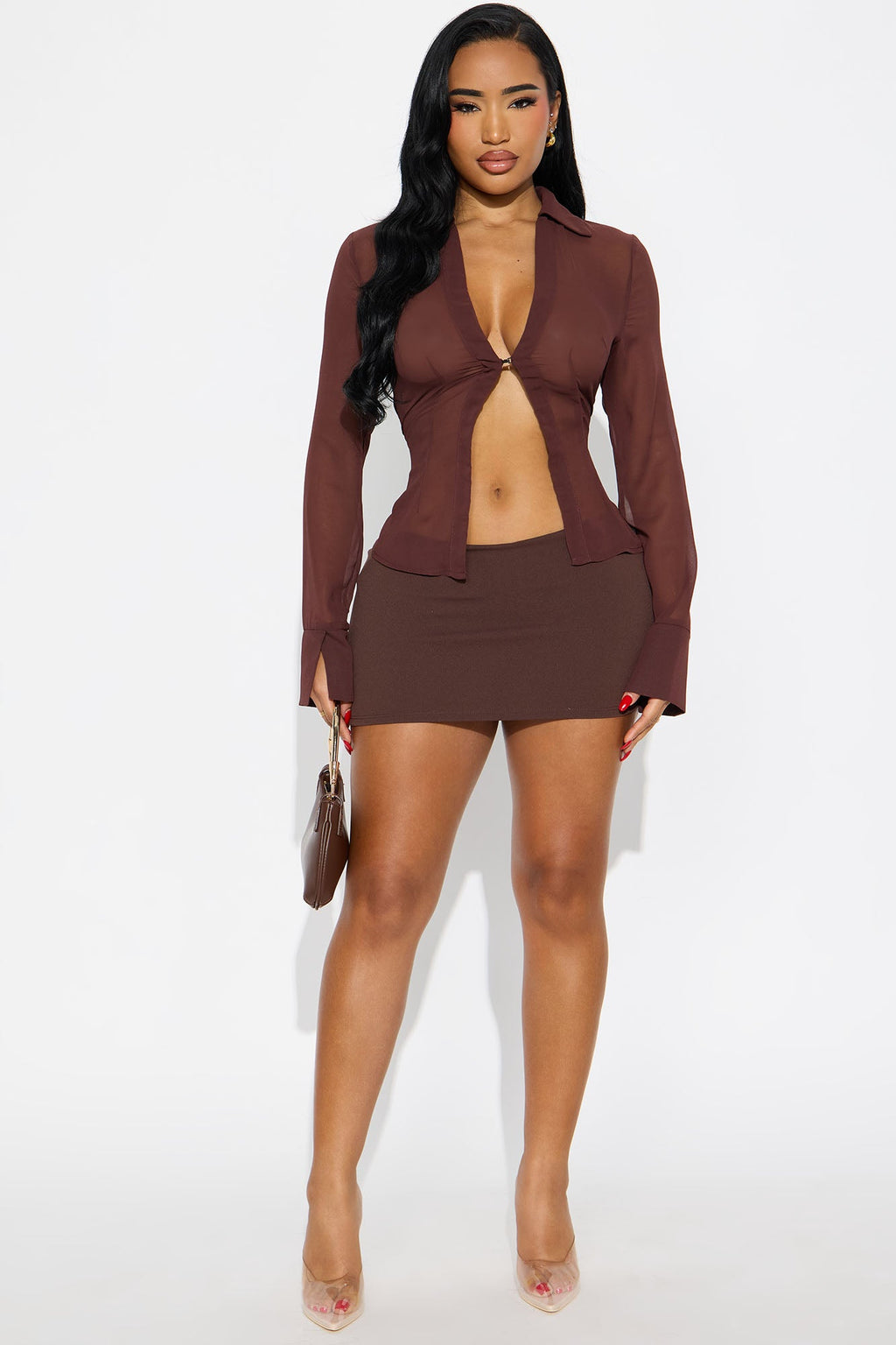 See Through Me Buckle Chiffon Blouse - Brown