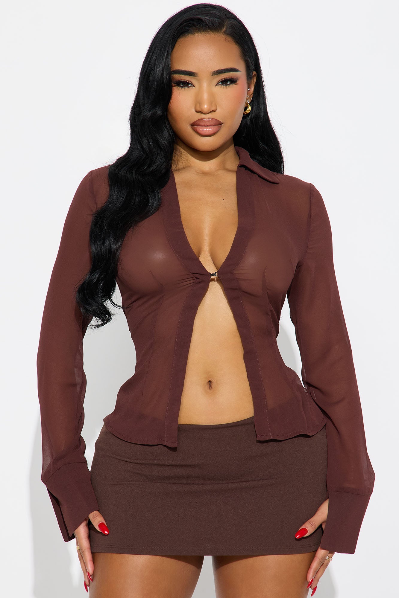 See Through Me Buckle Chiffon Blouse - Brown