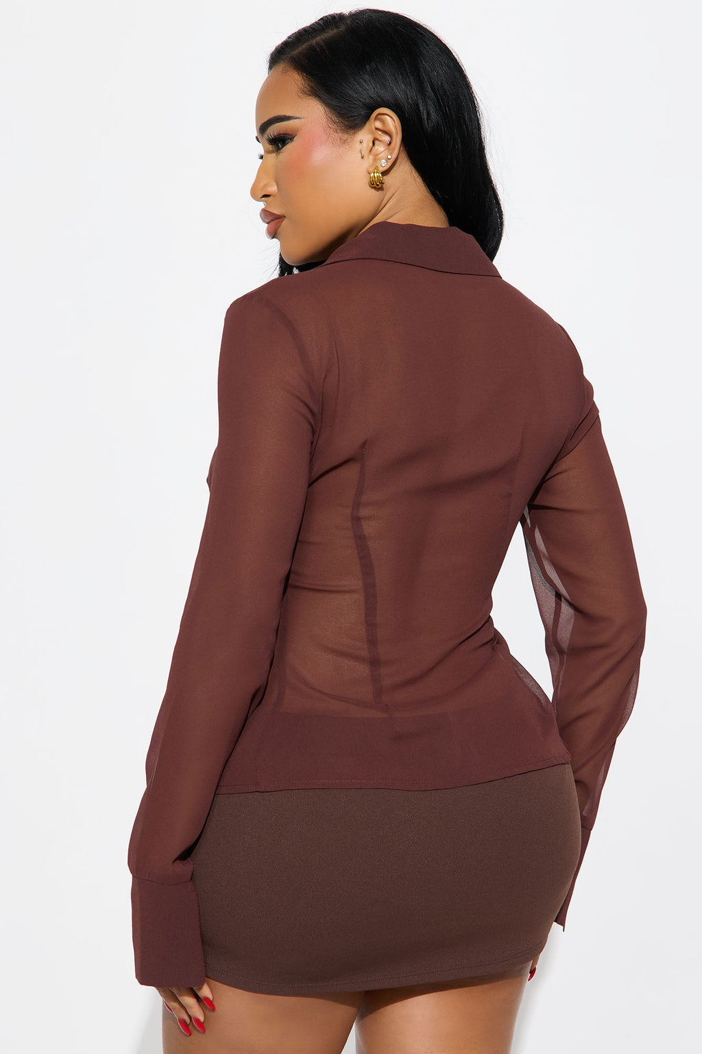 See Through Me Buckle Chiffon Blouse - Brown