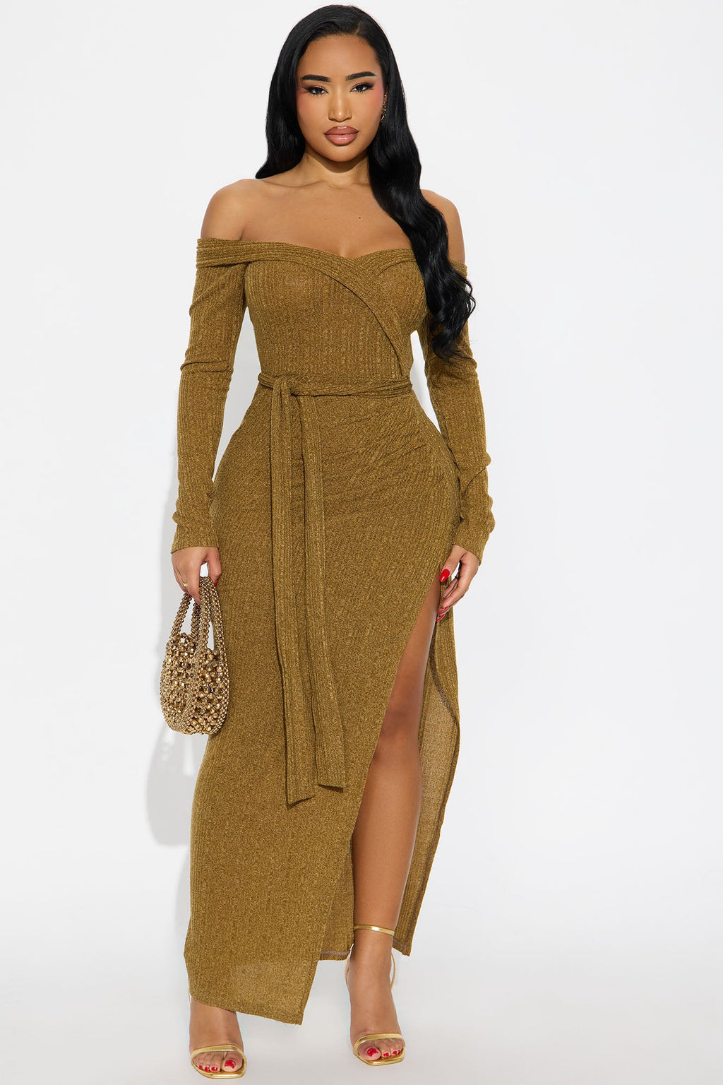 Selene Off Shoulder Sweater Maxi Dress - Olive