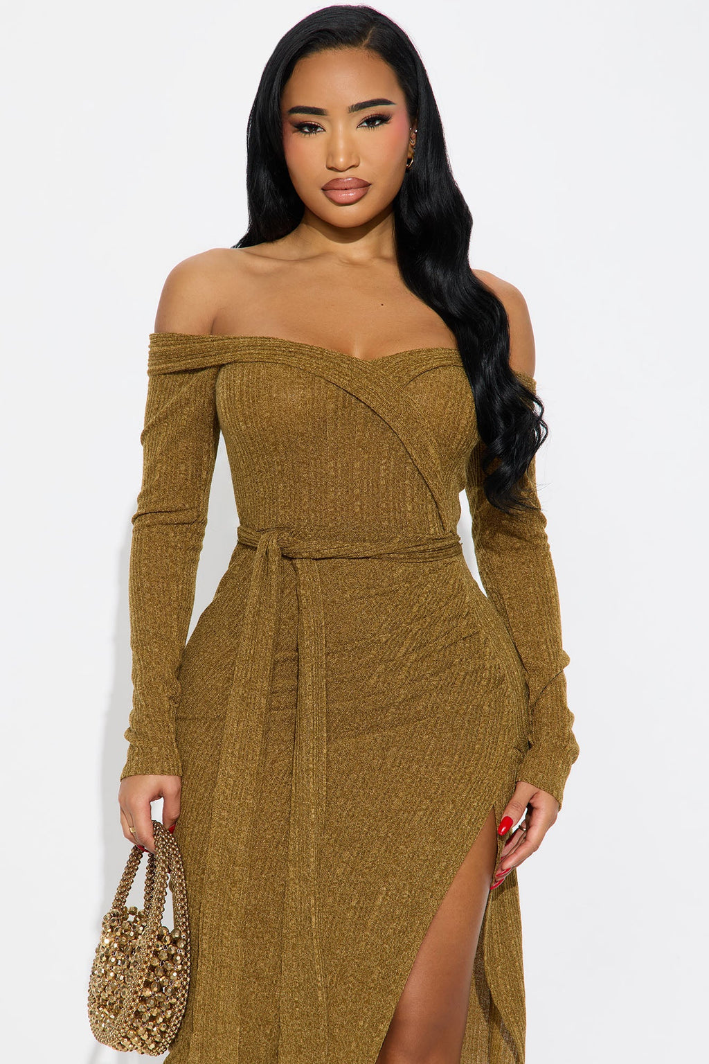 Selene Off Shoulder Sweater Maxi Dress - Olive