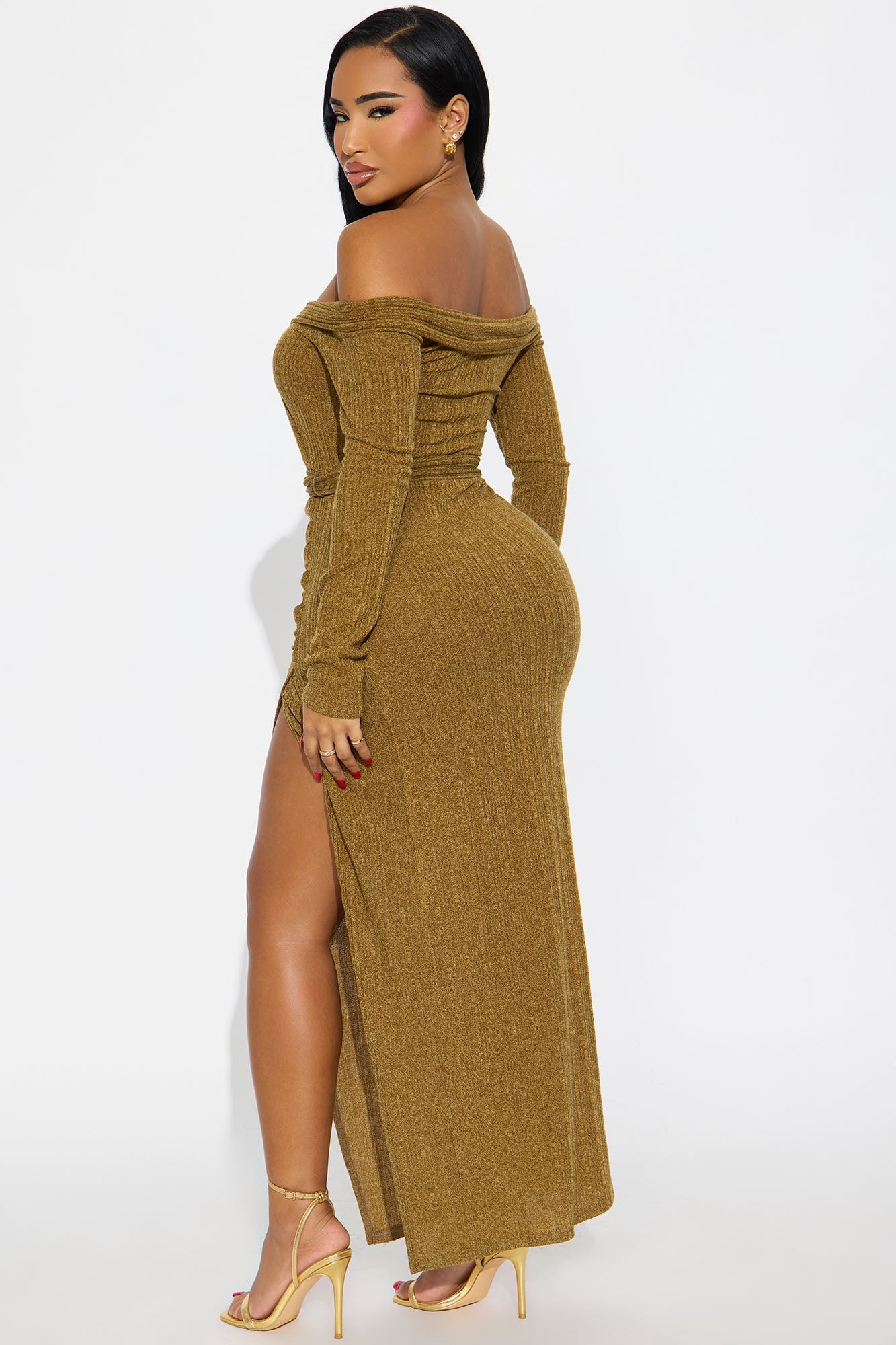Selene Off Shoulder Sweater Maxi Dress - Olive