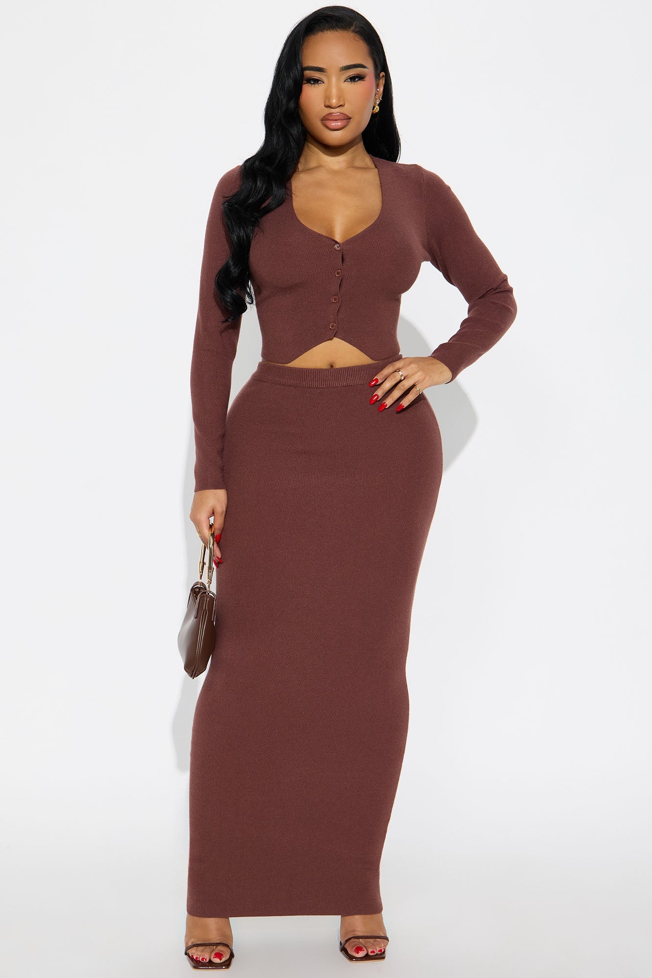 Along Came You Cardigan Maxi Skirt Set - Brown