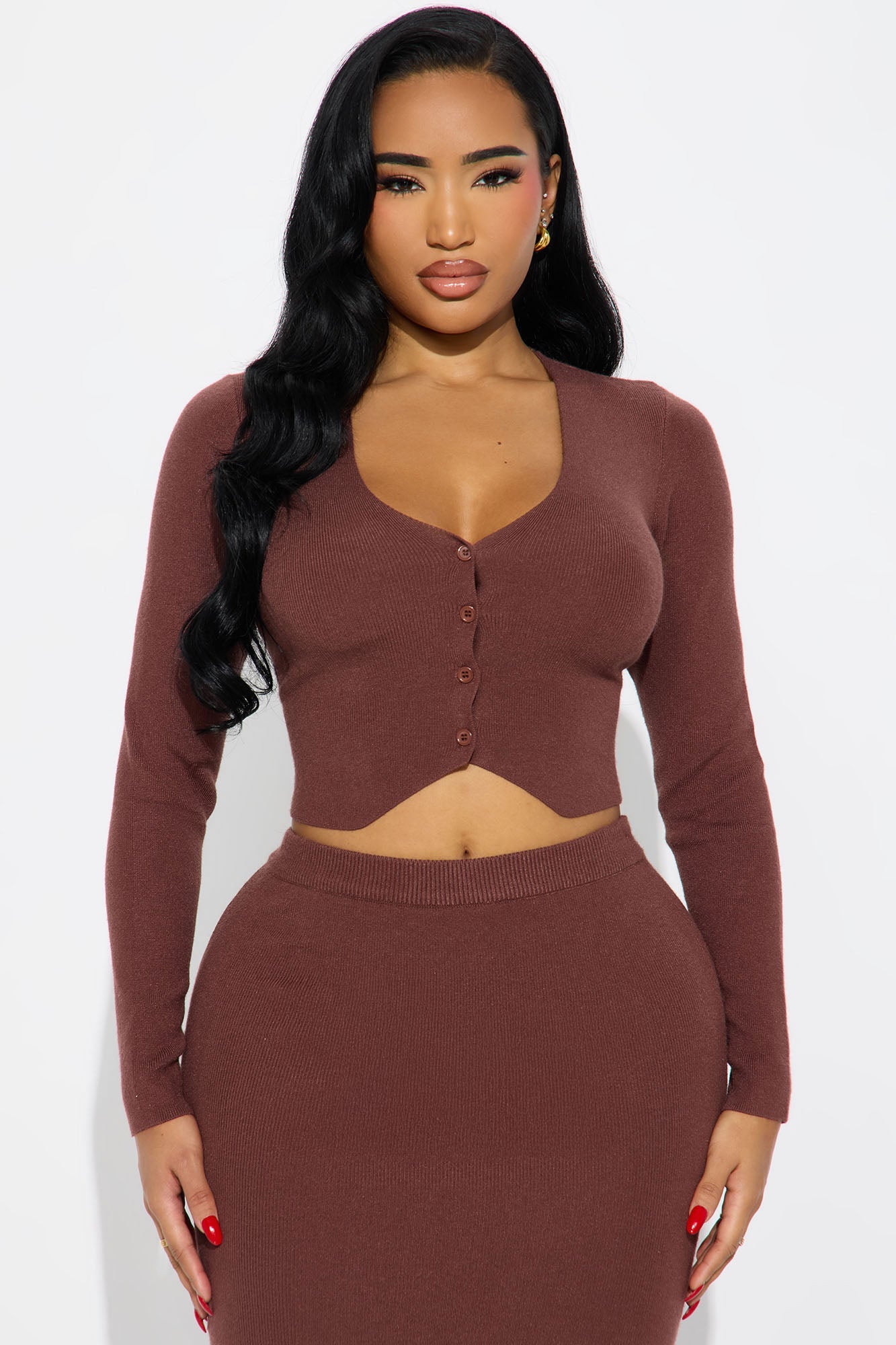 Along Came You Cardigan Maxi Skirt Set - Brown