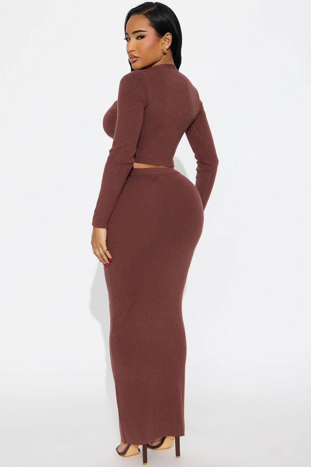 Along Came You Cardigan Maxi Skirt Set - Brown