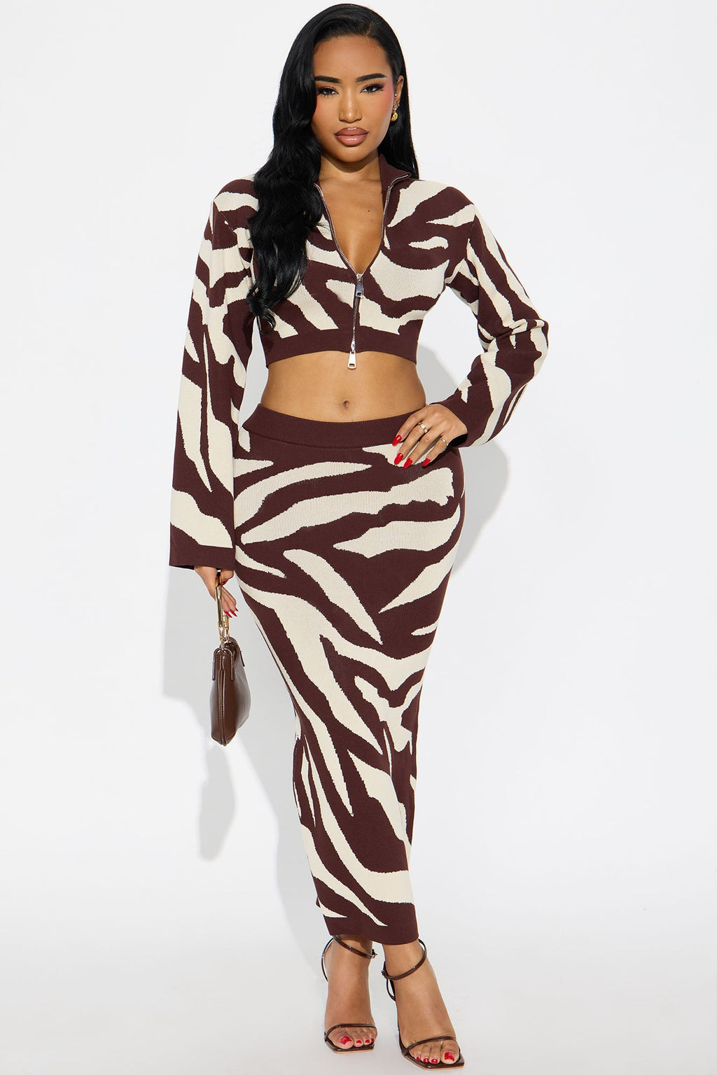 Dropping In Animal Print Sweater Skirt Set - Chocolate/Combo 