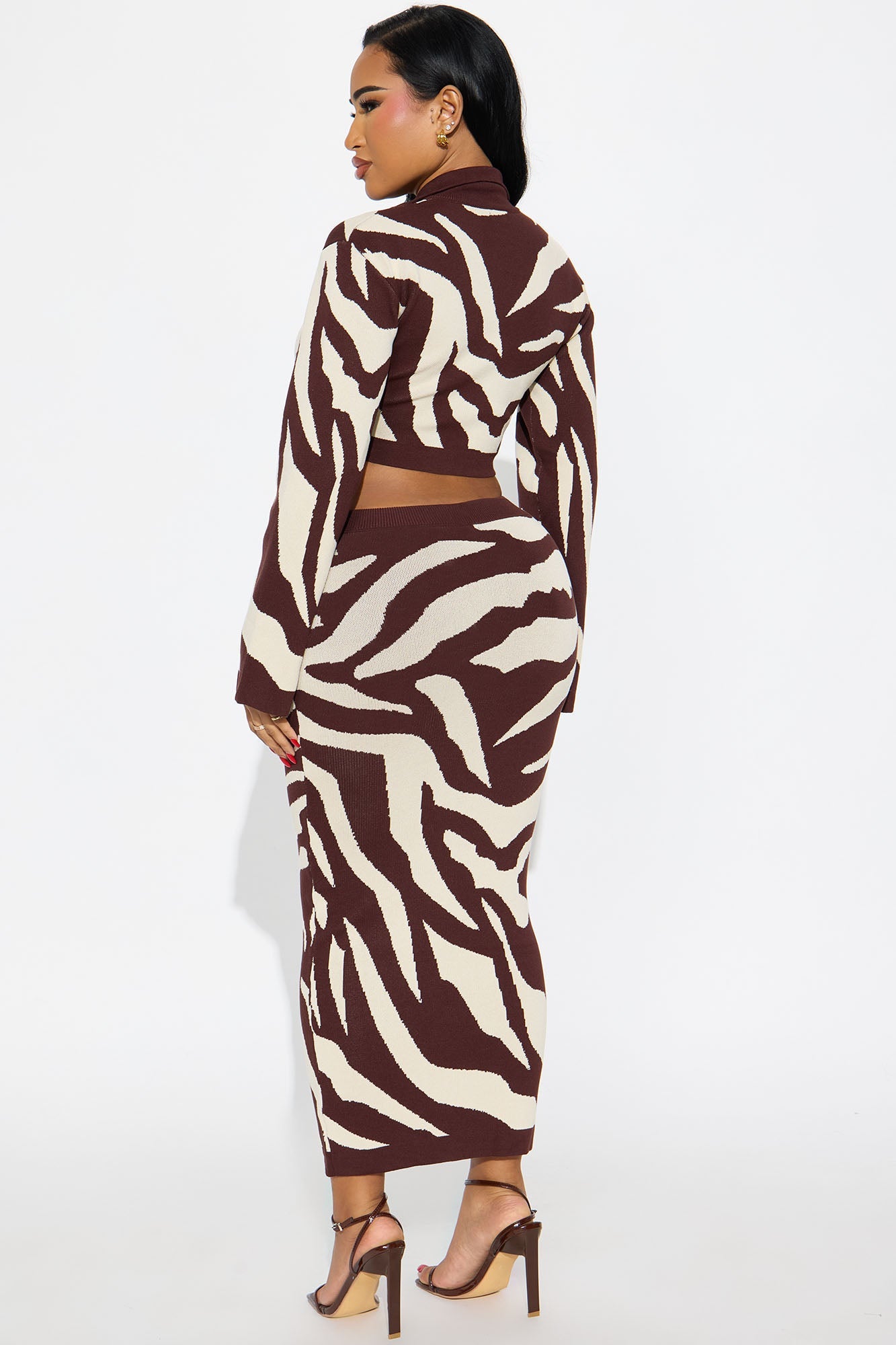 Dropping In Animal Print Sweater Skirt Set - Chocolate/Combo 