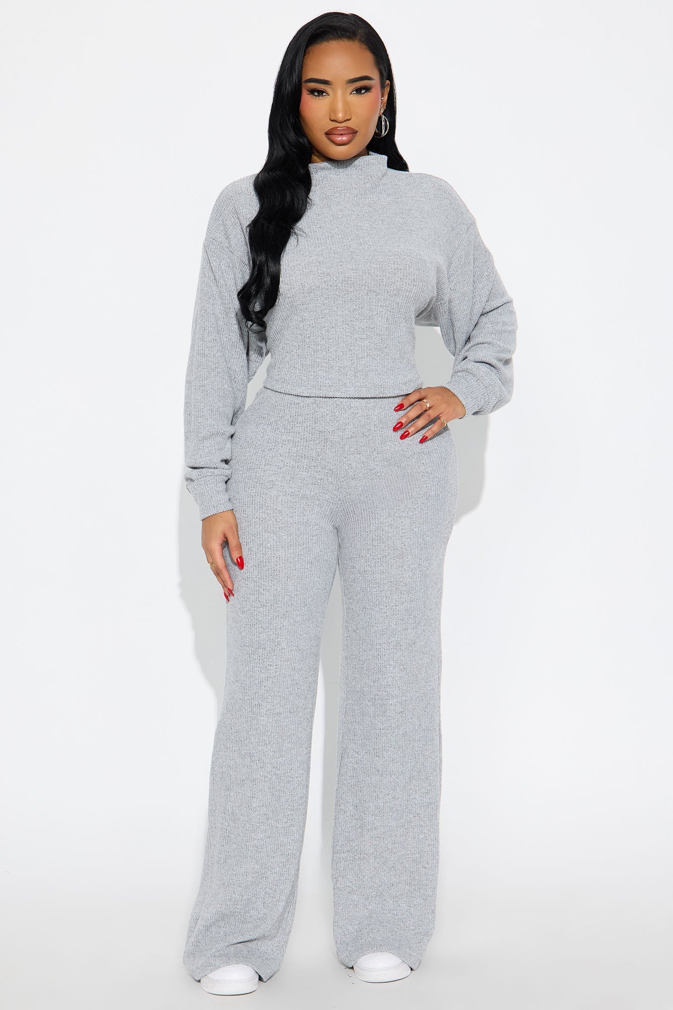Sienna Soft Knit Wide Leg Pant Set - Heather Grey