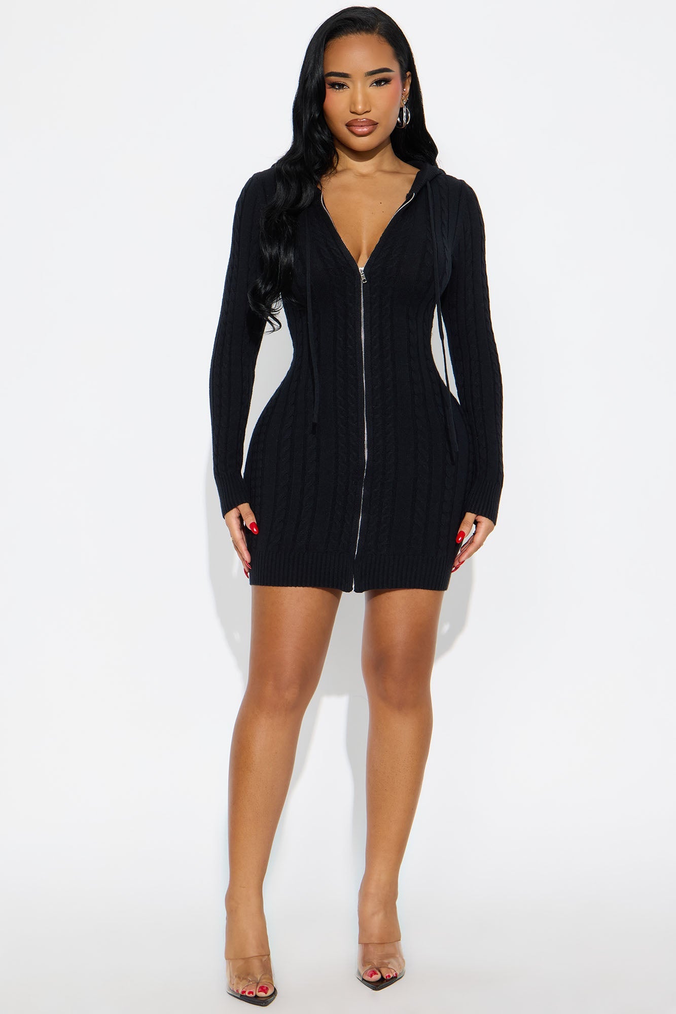 Leslie Cable Knit Sweater Mini Dress - Black