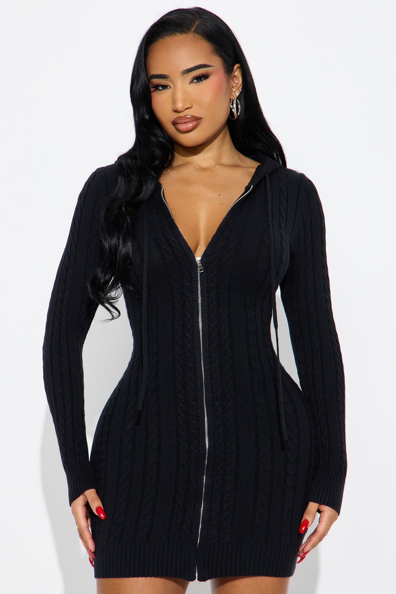 Leslie Cable Knit Sweater Mini Dress - Black