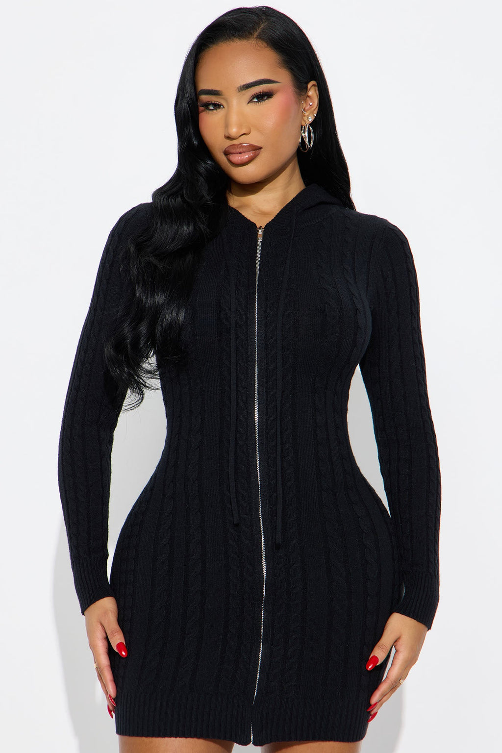 Leslie Cable Knit Sweater Mini Dress - Black