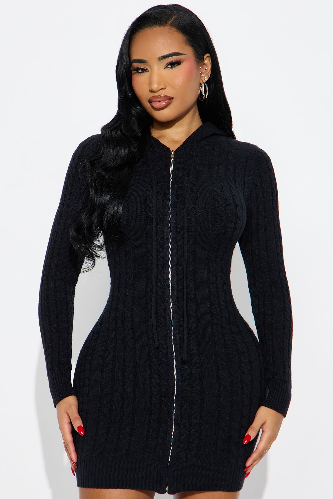 Leslie Cable Knit Sweater Mini Dress - Black