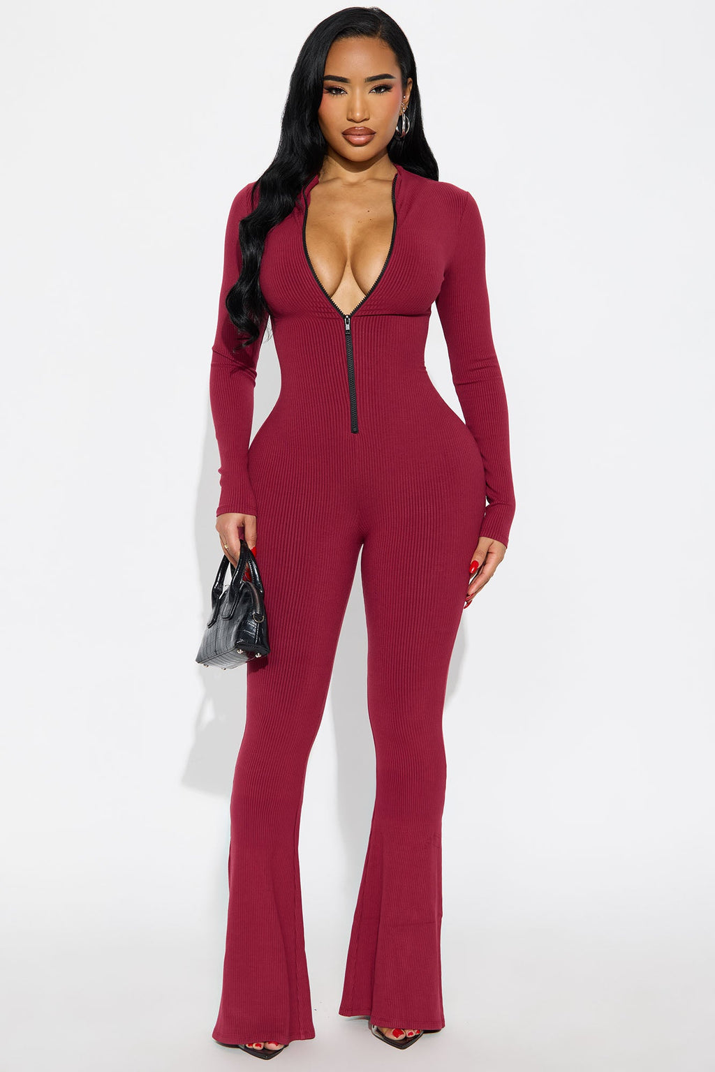 Sabrina Snatched Flare Jumpsuit - Burgundy