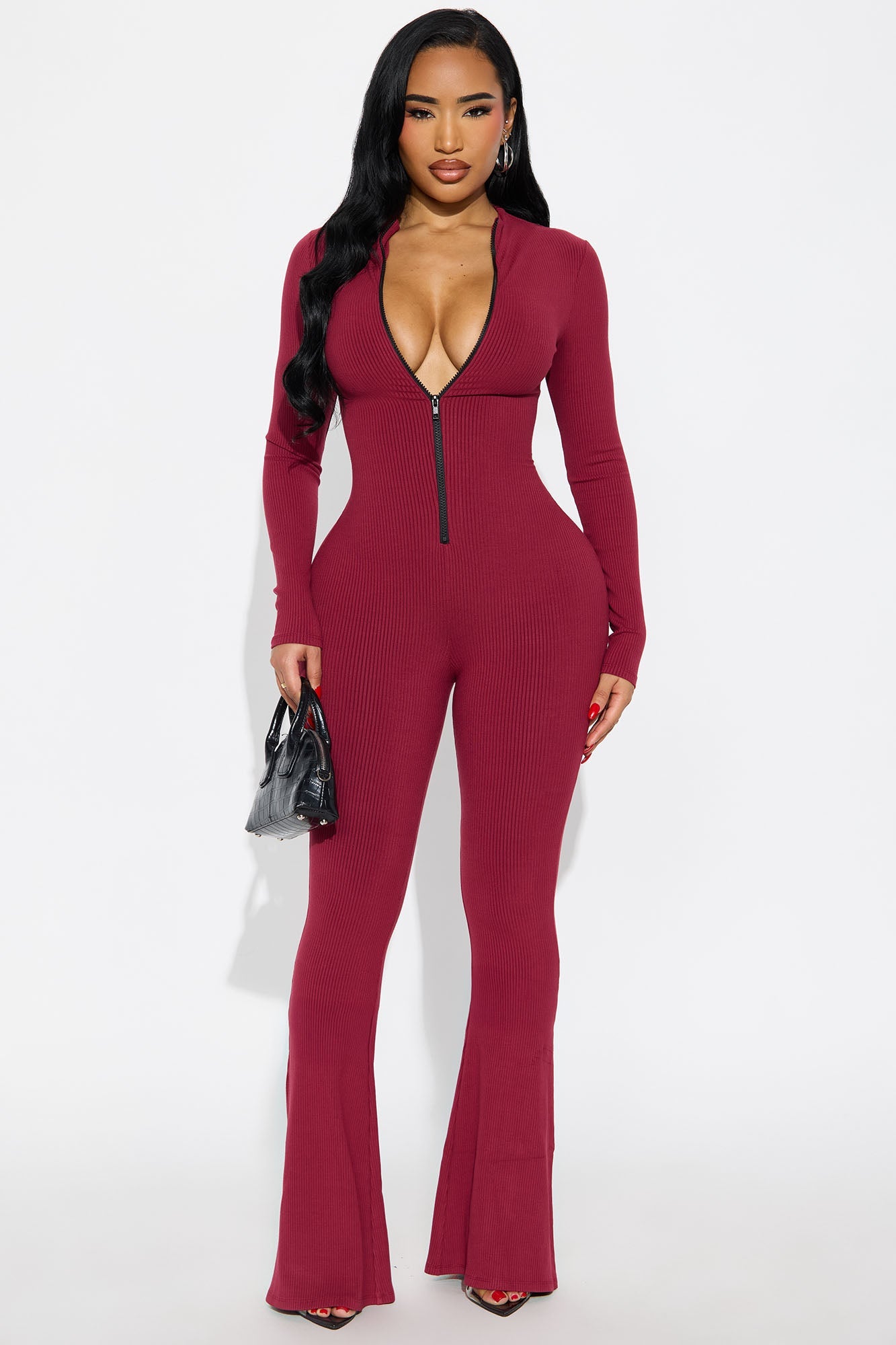 Sabrina Snatched Flare Jumpsuit - Burgundy