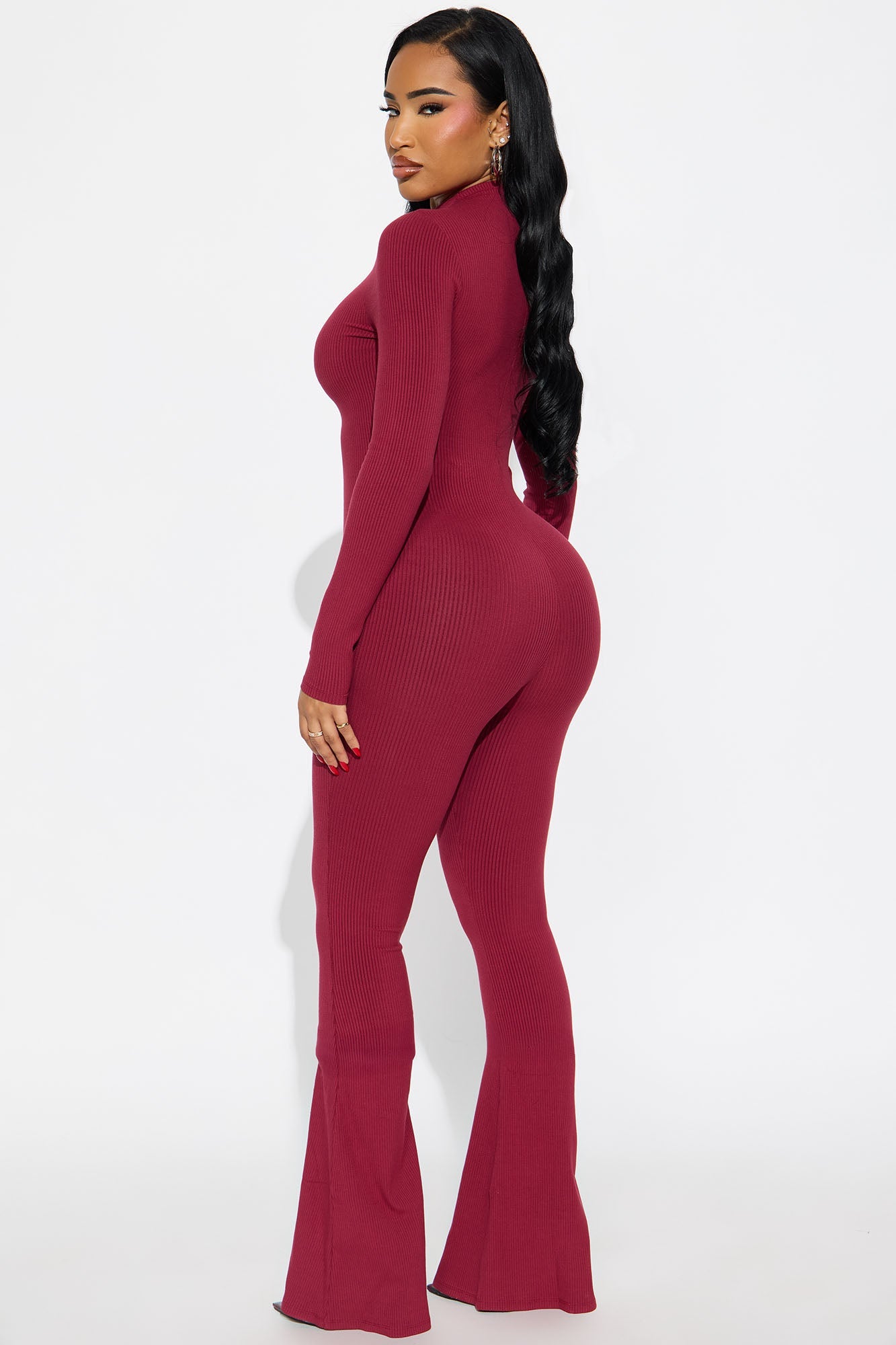 Sabrina Snatched Flare Jumpsuit - Burgundy