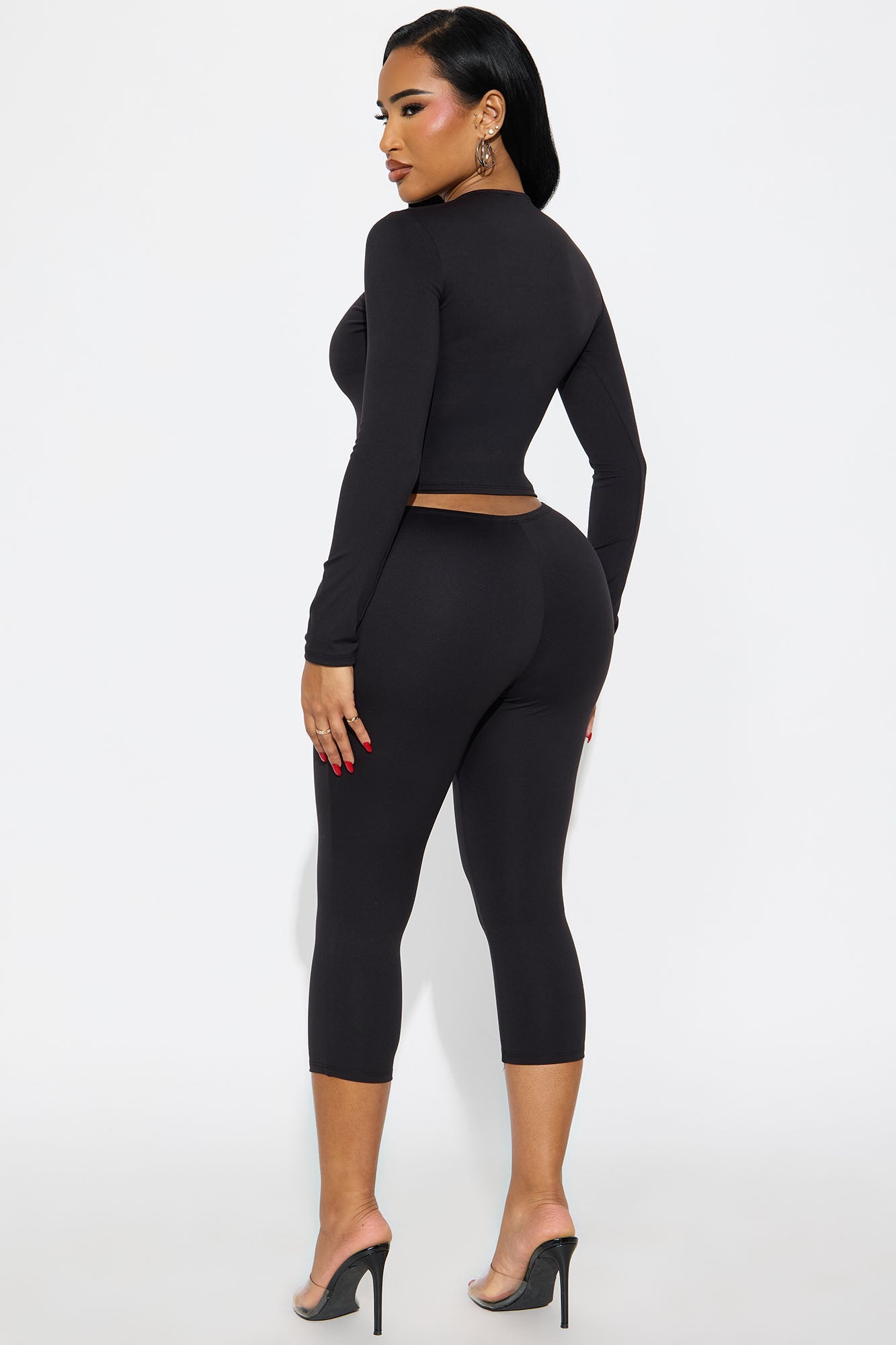 All Day Sleek Long Sleeve Matte Tricot Capri Set - Black 