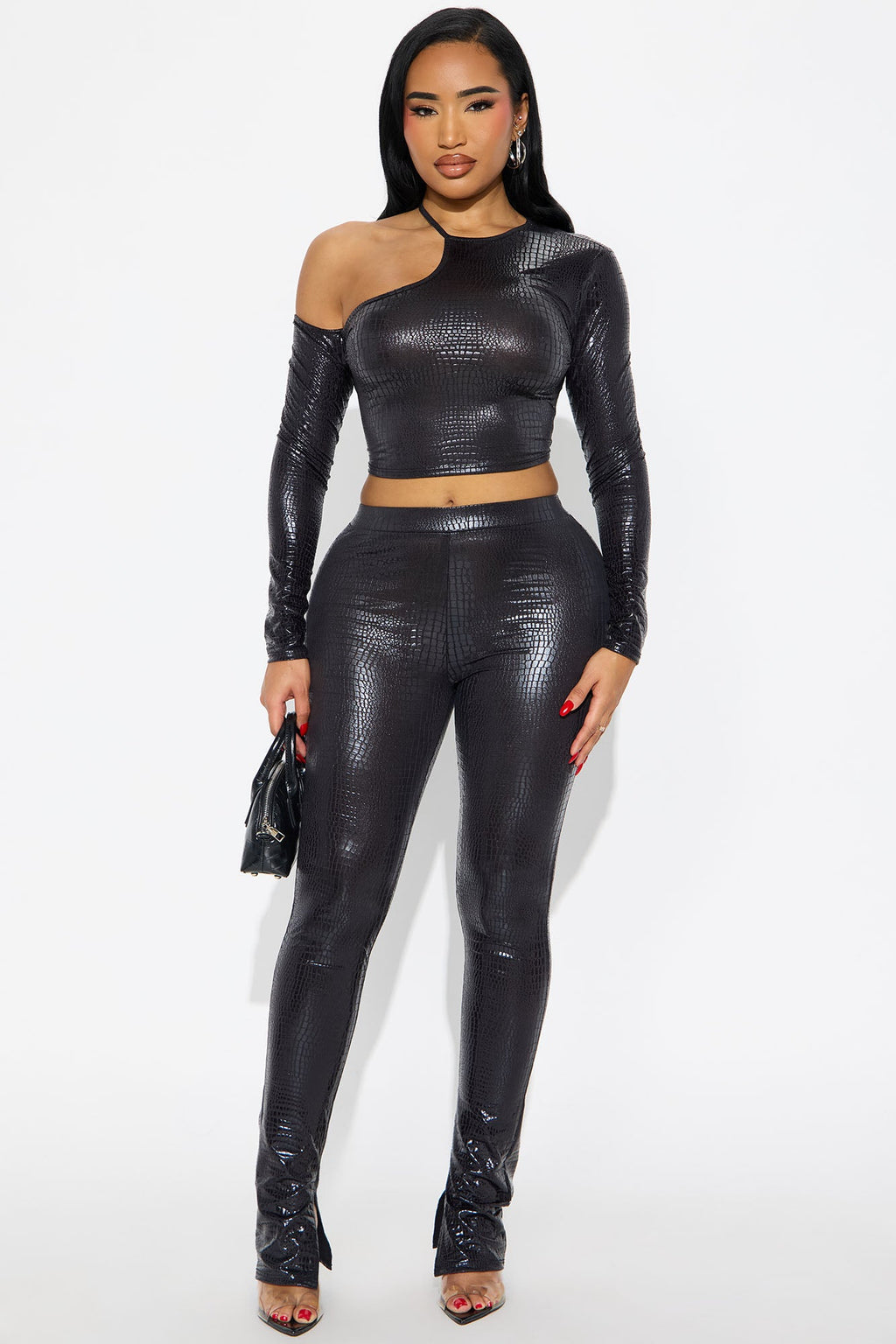 Not Over Yet Faux Patent Leather Legging Set - Black 