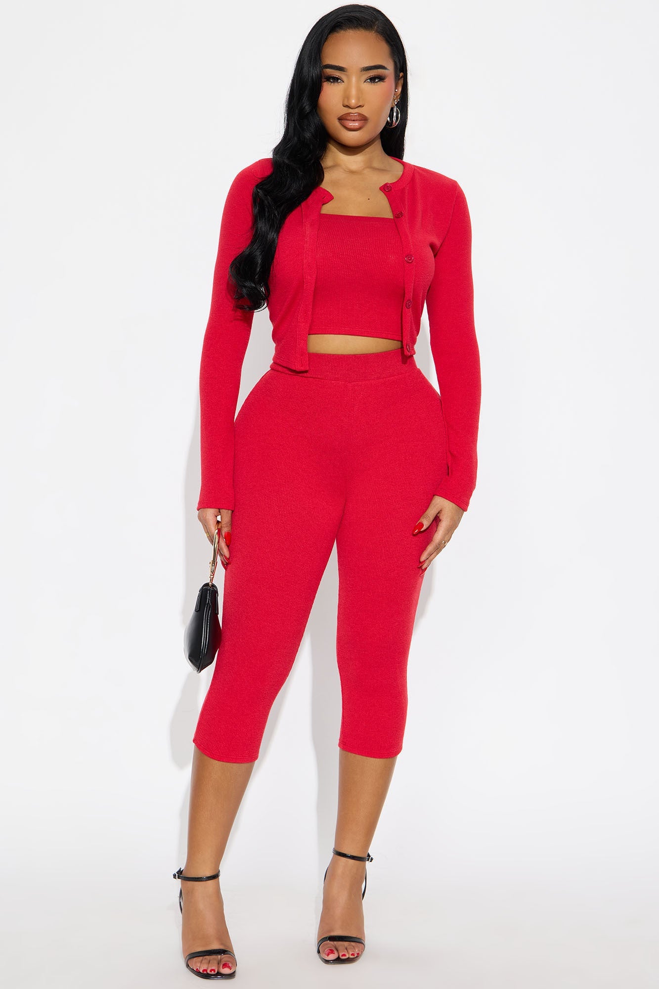 Adeline Ribbed 3 Piece Capri Set - Red