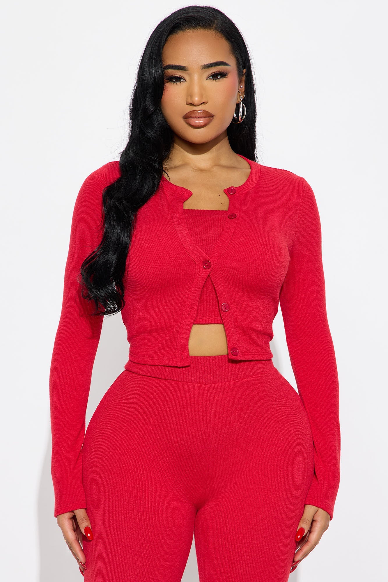 Adeline Ribbed 3 Piece Capri Set - Red