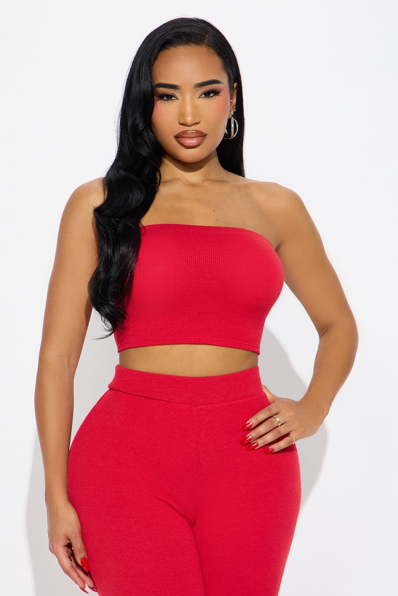 Adeline Ribbed 3 Piece Capri Set - Red