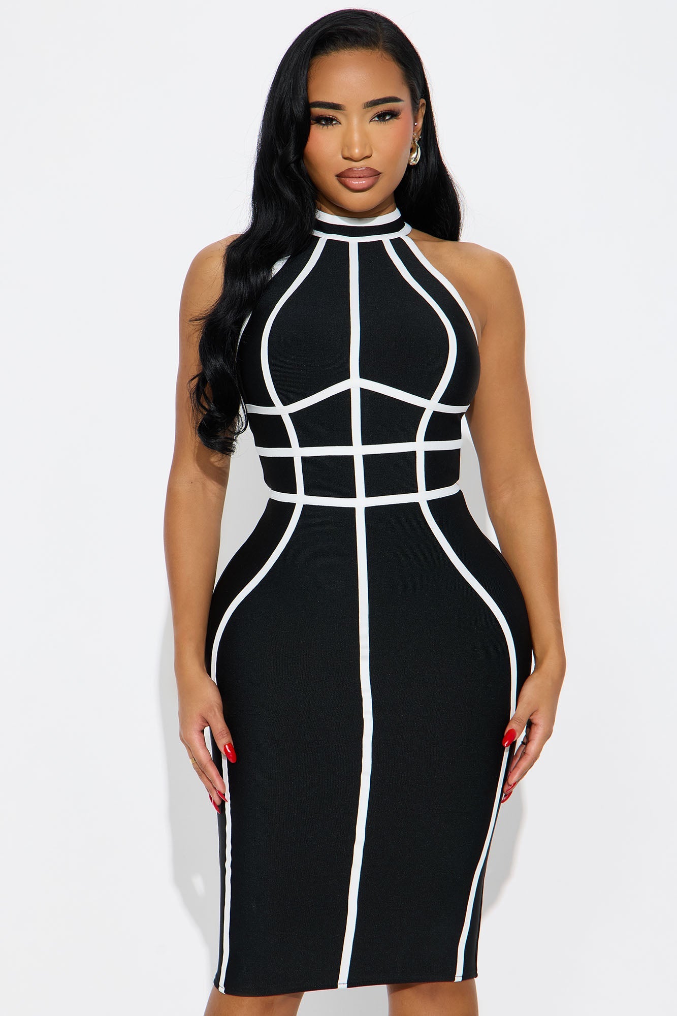 Caroline Bandage Mock Neck Midi Dress - Black/White