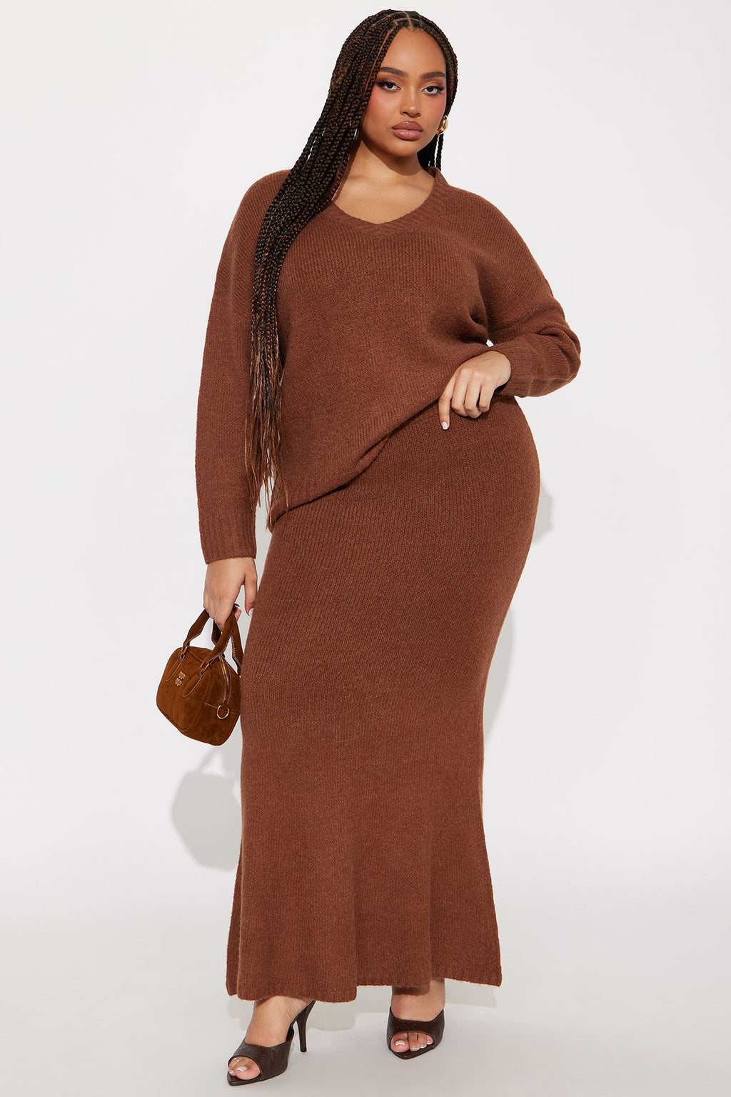 Moment Of Clarity Oversized Sweater Maxi Skirt Set - Brown 