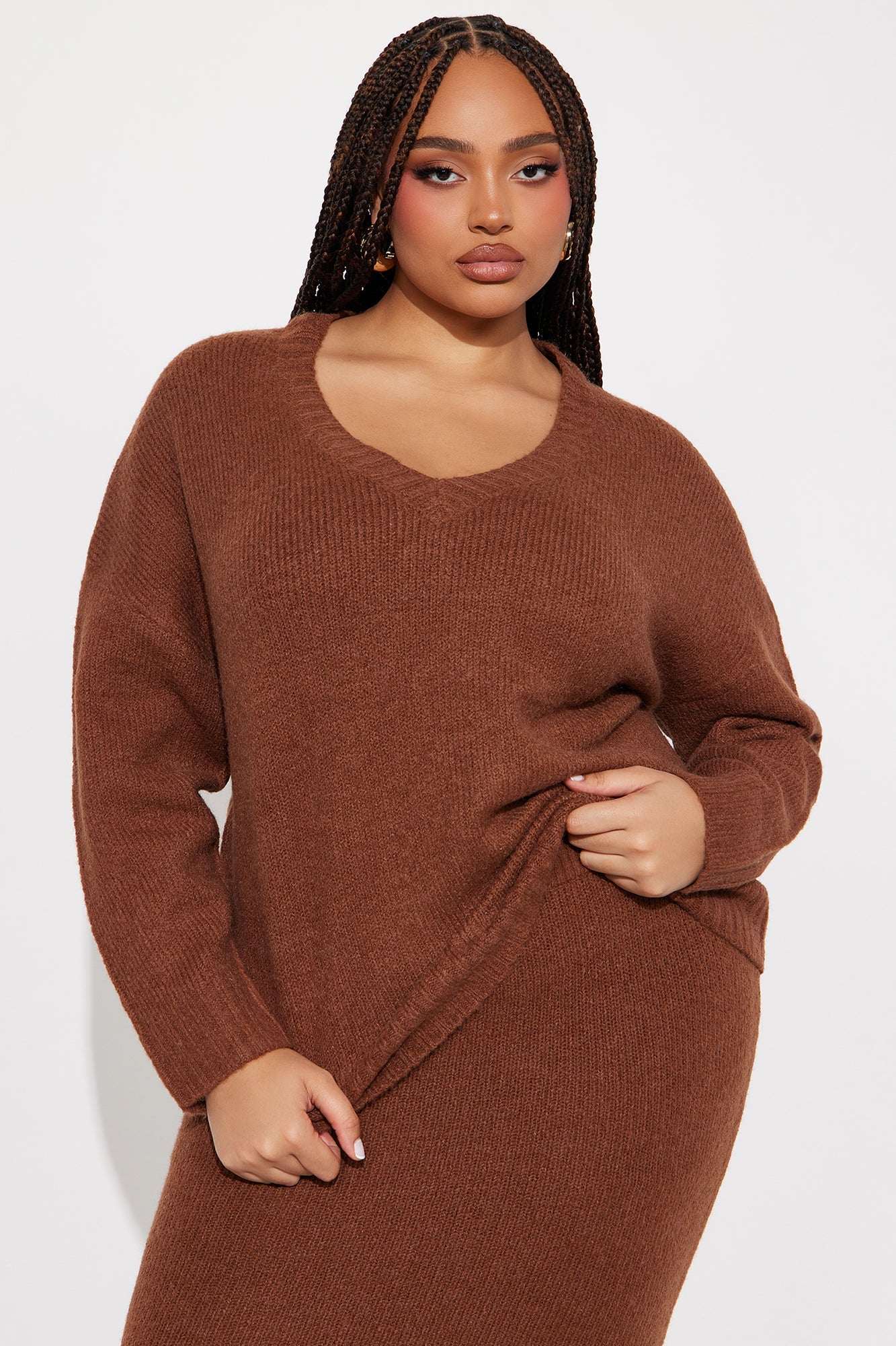 Moment Of Clarity Oversized Sweater Maxi Skirt Set - Brown 