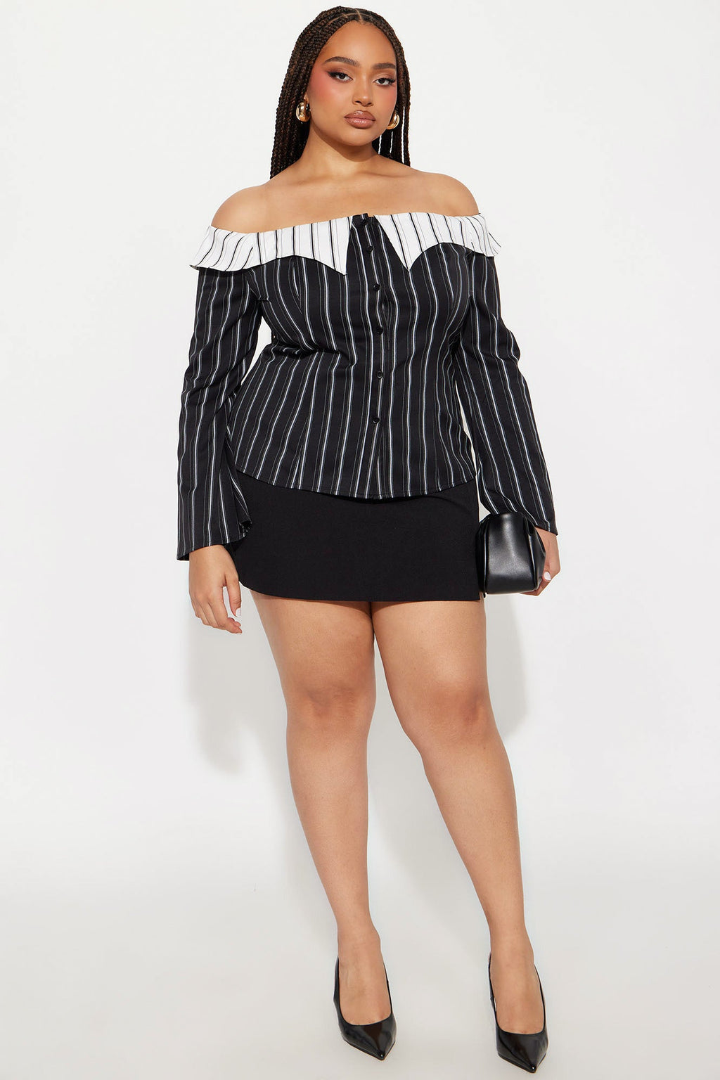 Spilling Secrets Off Shoulder Pinstripe Shirt - Black/combo