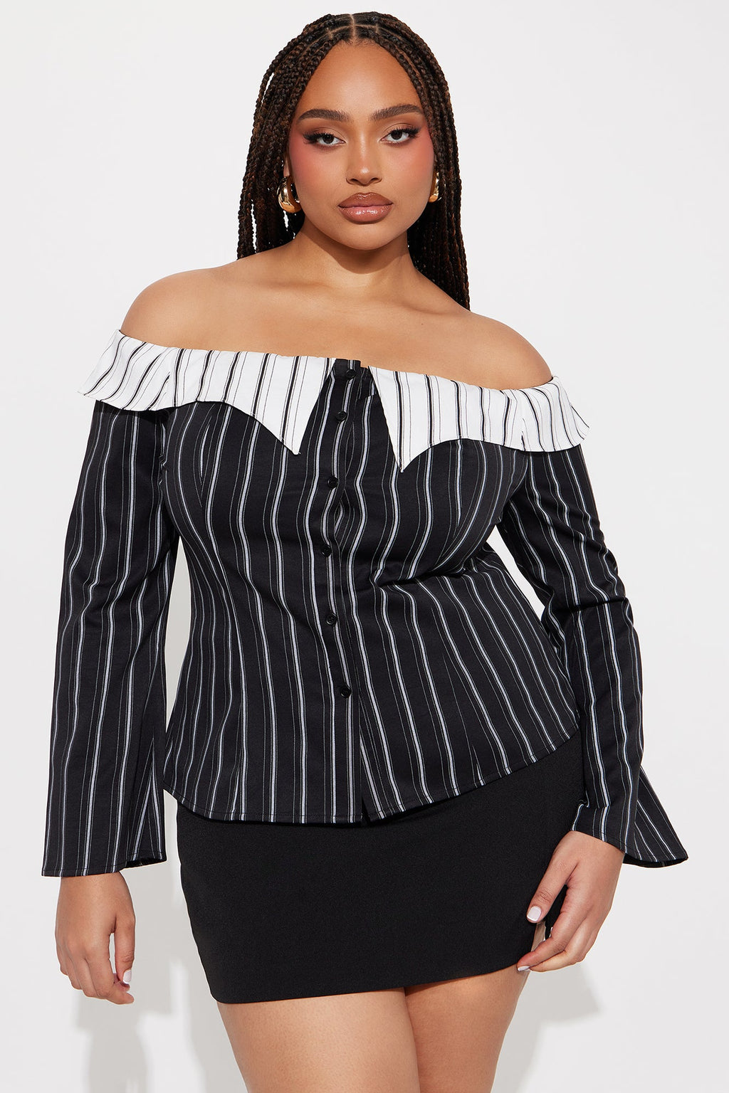 Spilling Secrets Off Shoulder Pinstripe Shirt - Black/combo