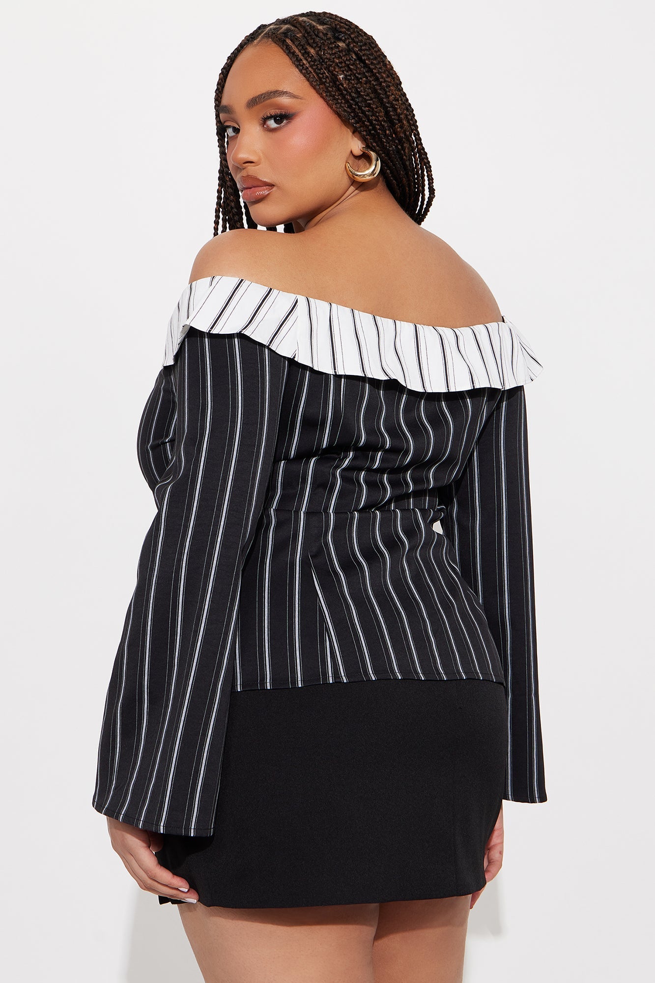 Spilling Secrets Off Shoulder Pinstripe Shirt - Black/combo