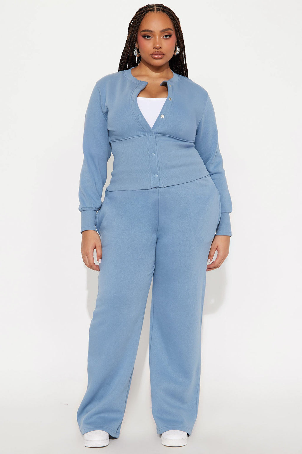 Varsity Girly Fleece Wide Leg Pant Set - Slate Blue