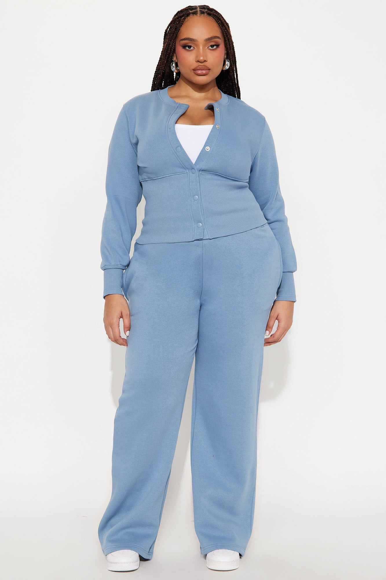 Varsity Girly Fleece Wide Leg Pant Set - Slate Blue