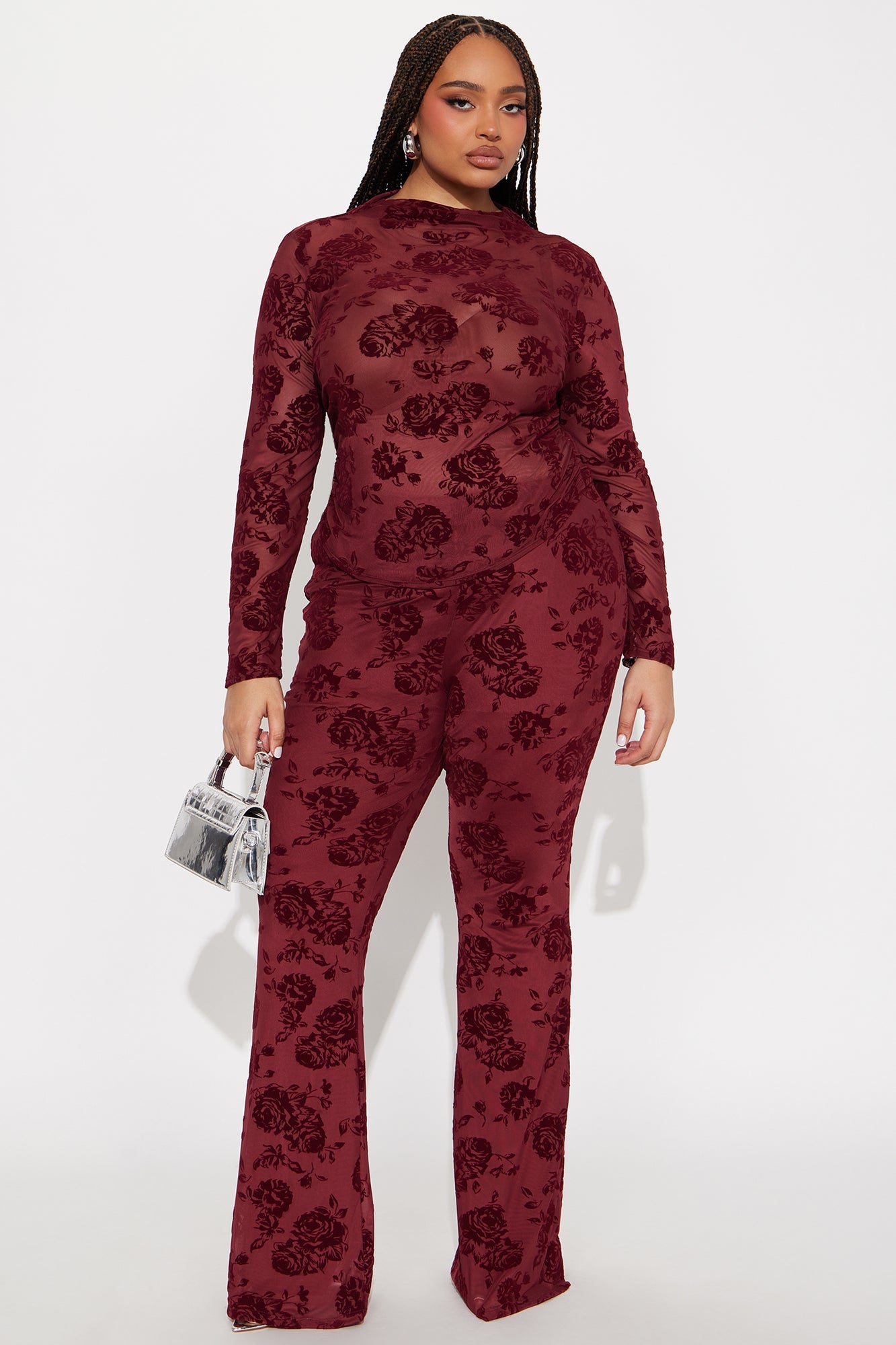 Jordyn Mesh Pant Set - Wine 