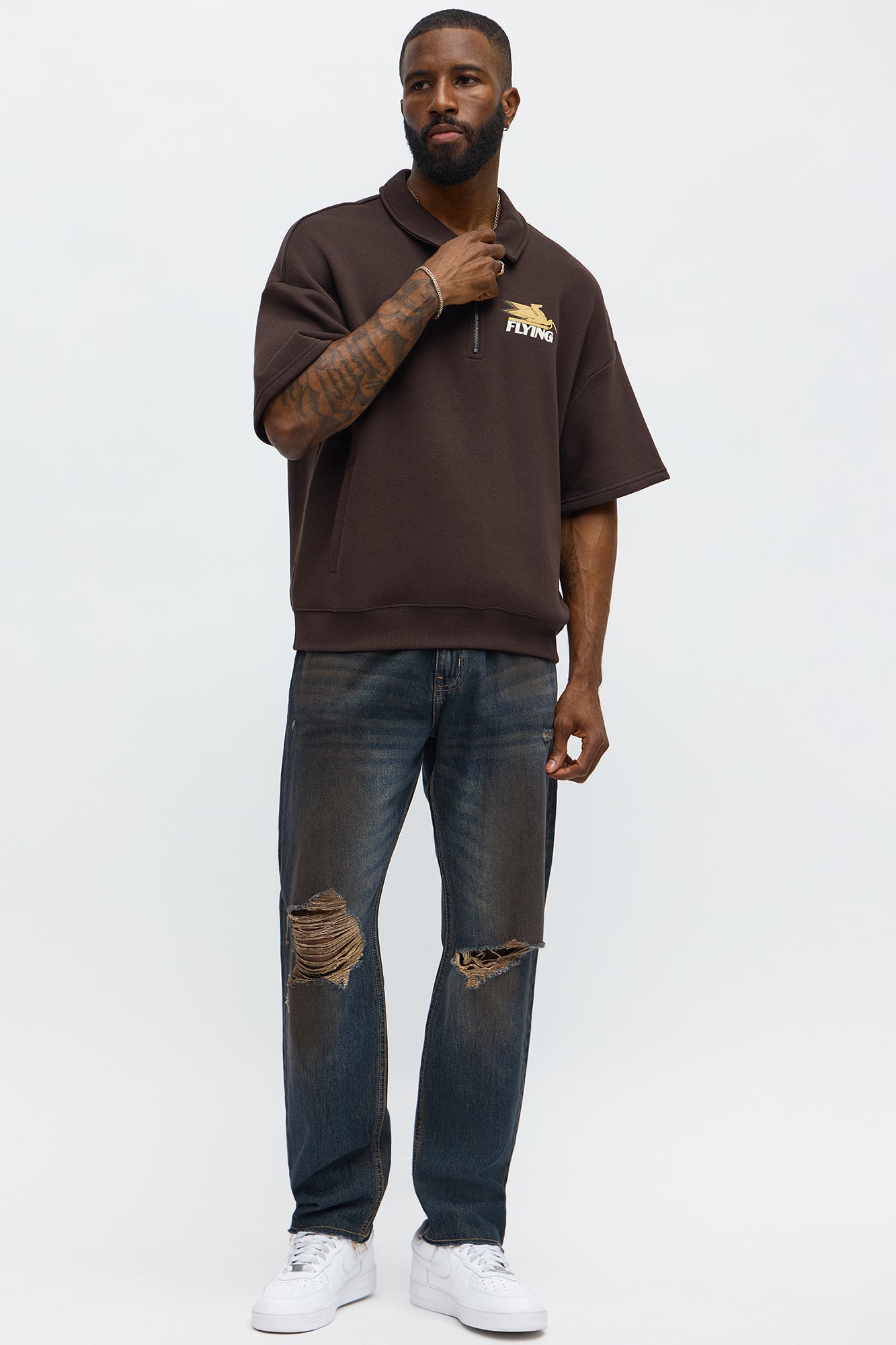 Tyson OversizedWe Fly Quarter Zip Short Sleeve Sweatshirt - Brown