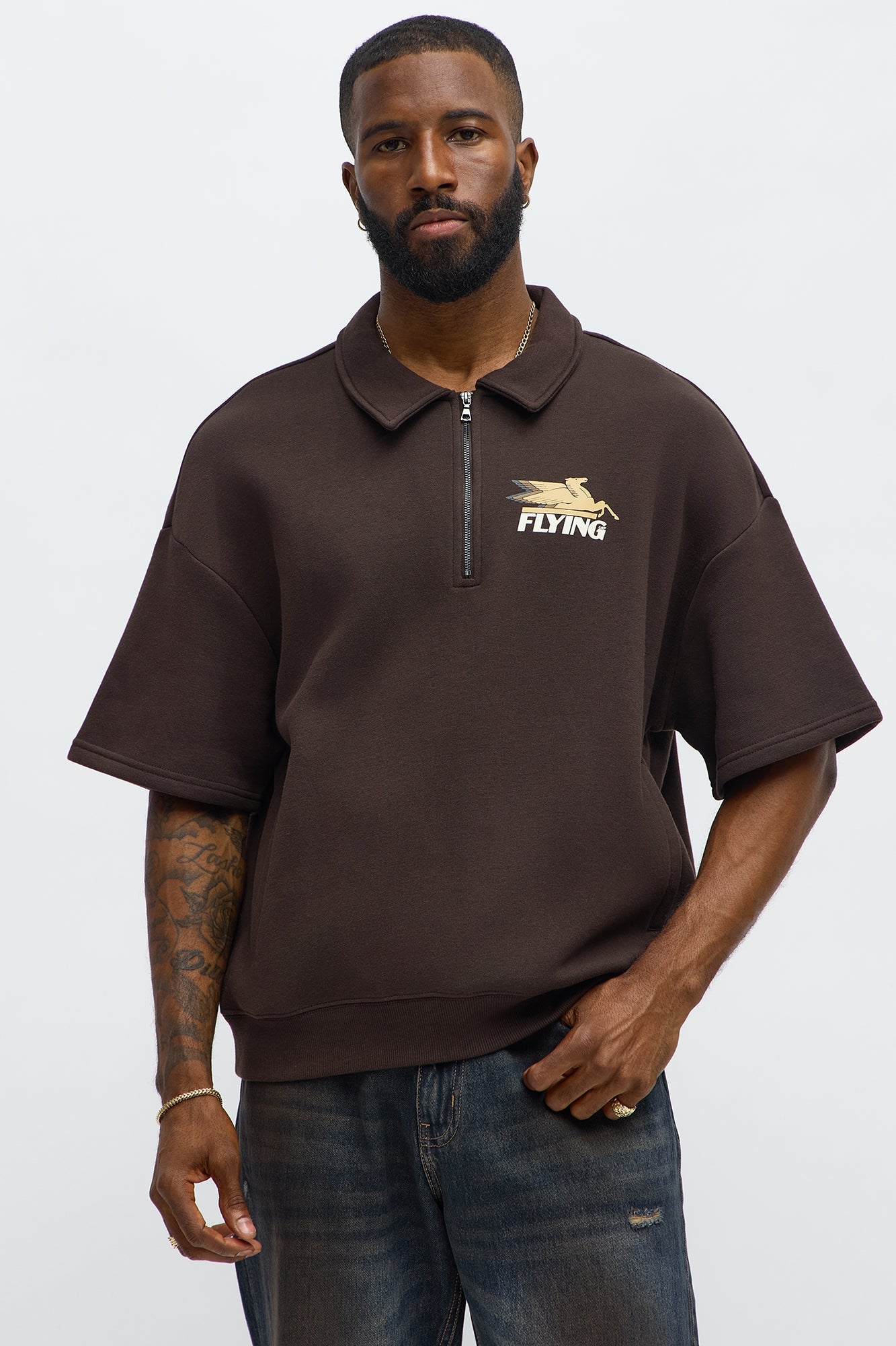Tyson OversizedWe Fly Quarter Zip Short Sleeve Sweatshirt - Brown