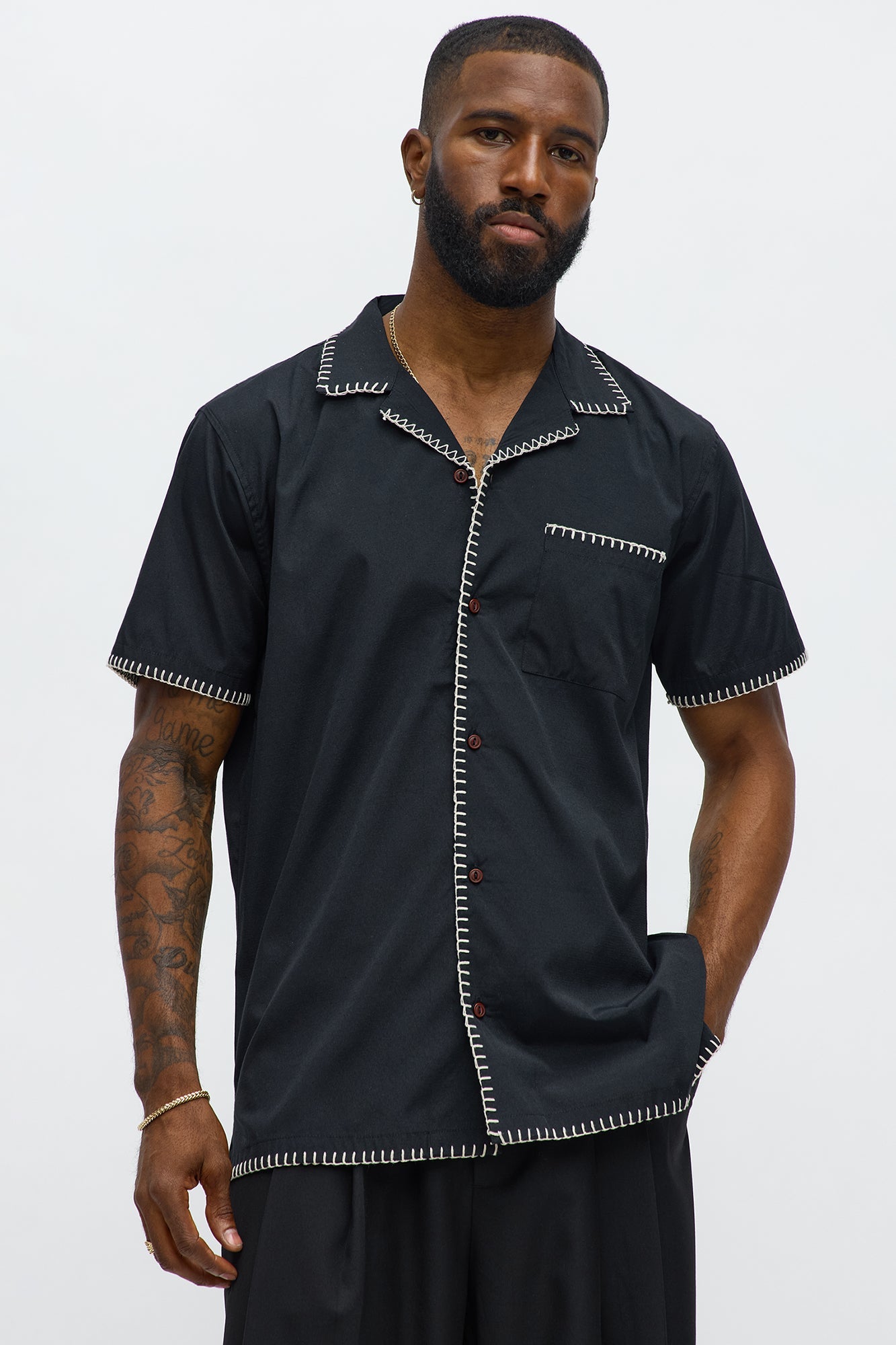 Colorblock Piping  Button Up Shirt - Black