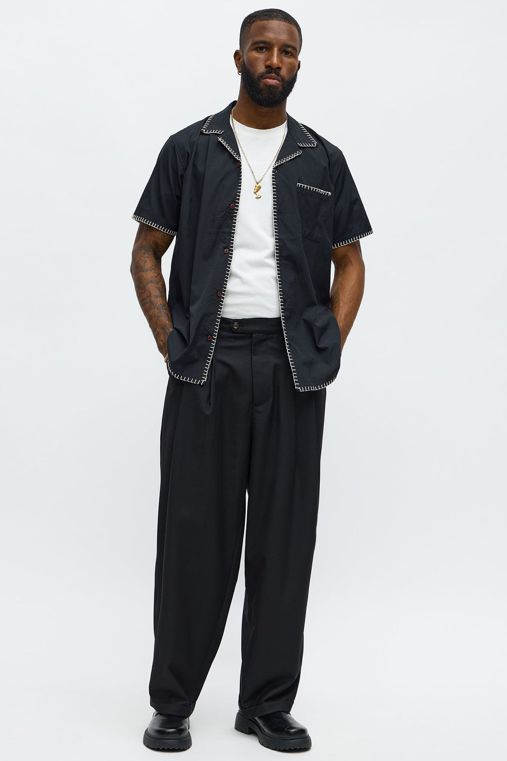 Colorblock Piping  Button Up Shirt - Black