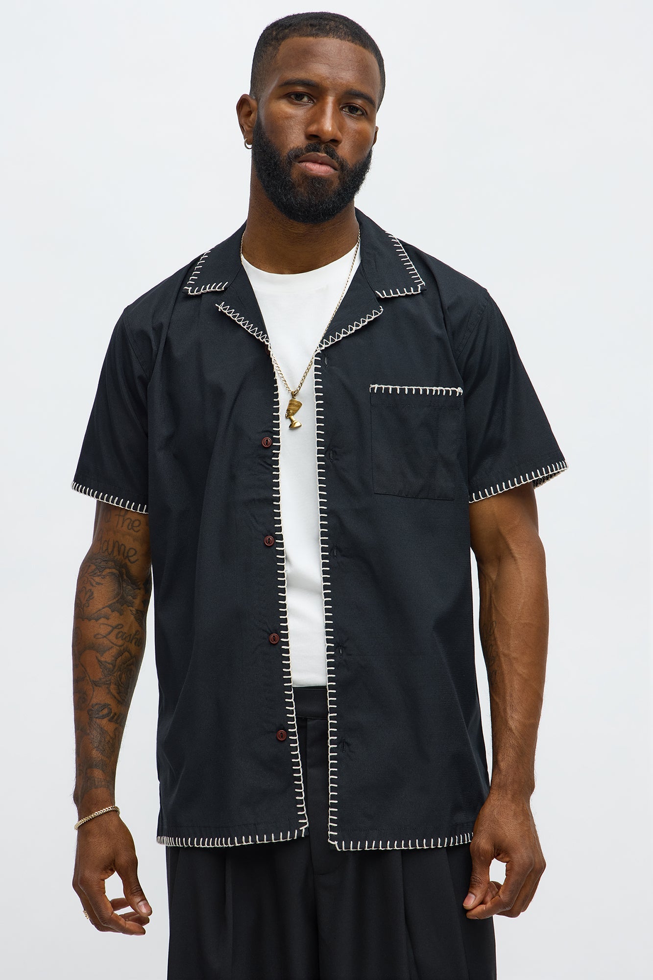 Colorblock Piping  Button Up Shirt - Black
