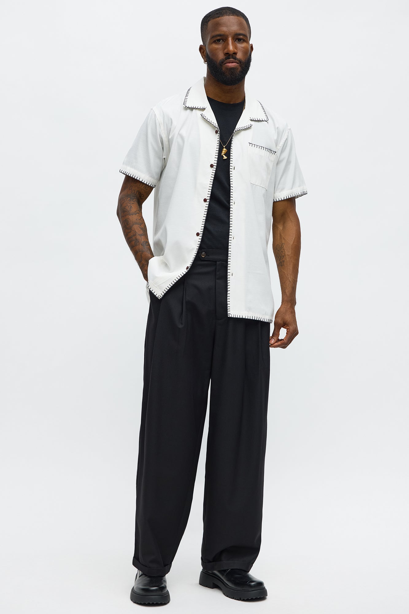 Colorblock Piping  Button Up Shirt - Off White