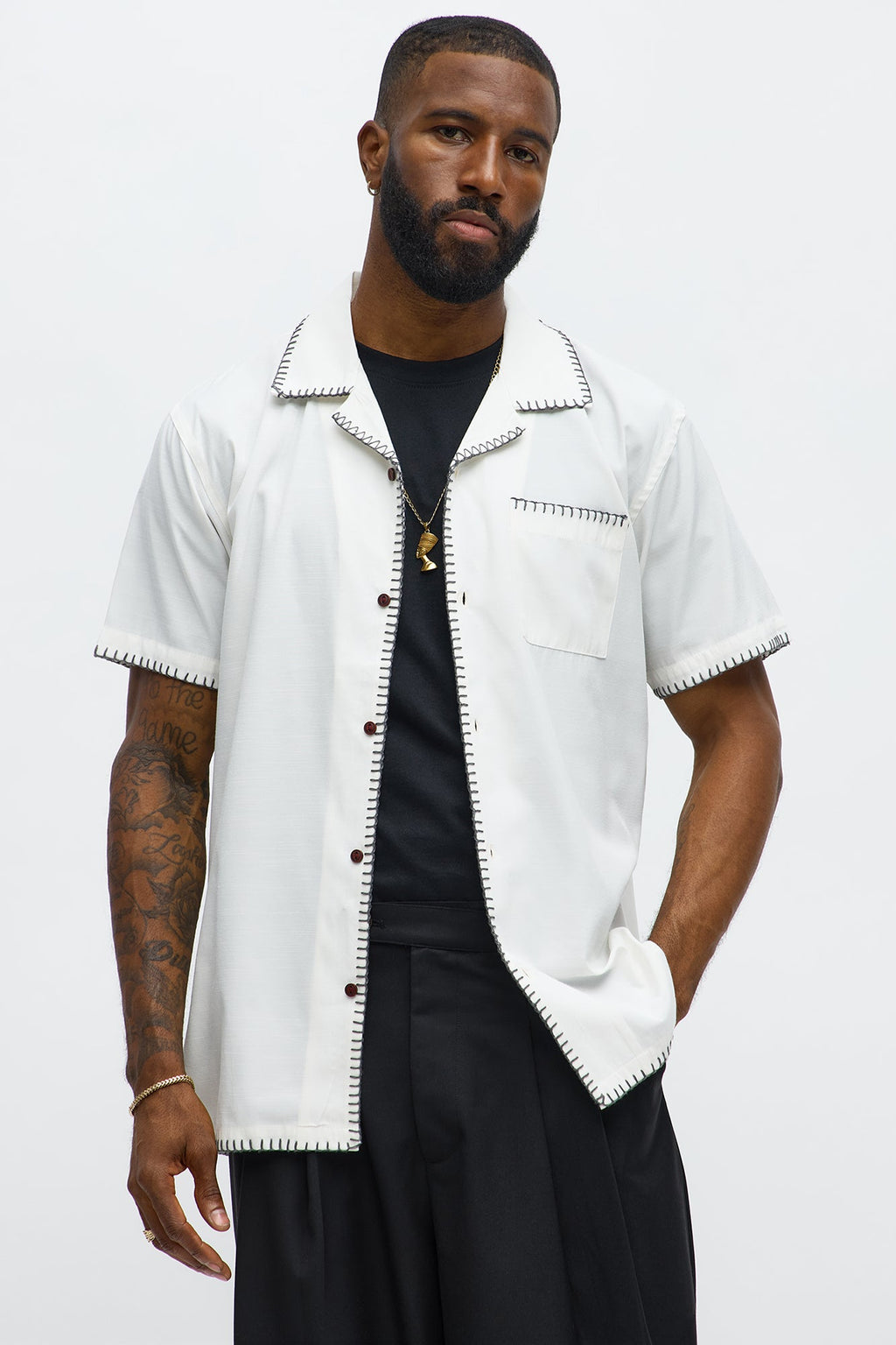 Colorblock Piping  Button Up Shirt - Off White