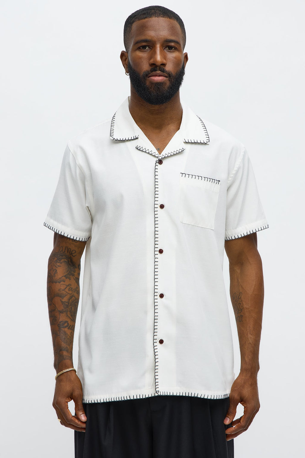Colorblock Piping  Button Up Shirt - Off White