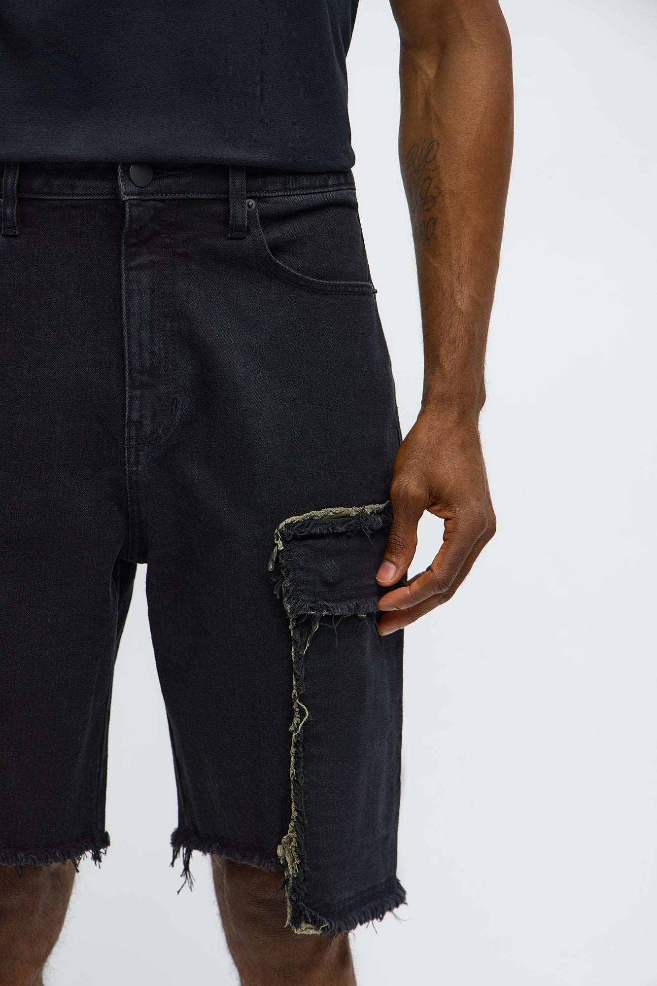 Murphy Raw Relaxed Cargo Denim Shorts - Black Wash
