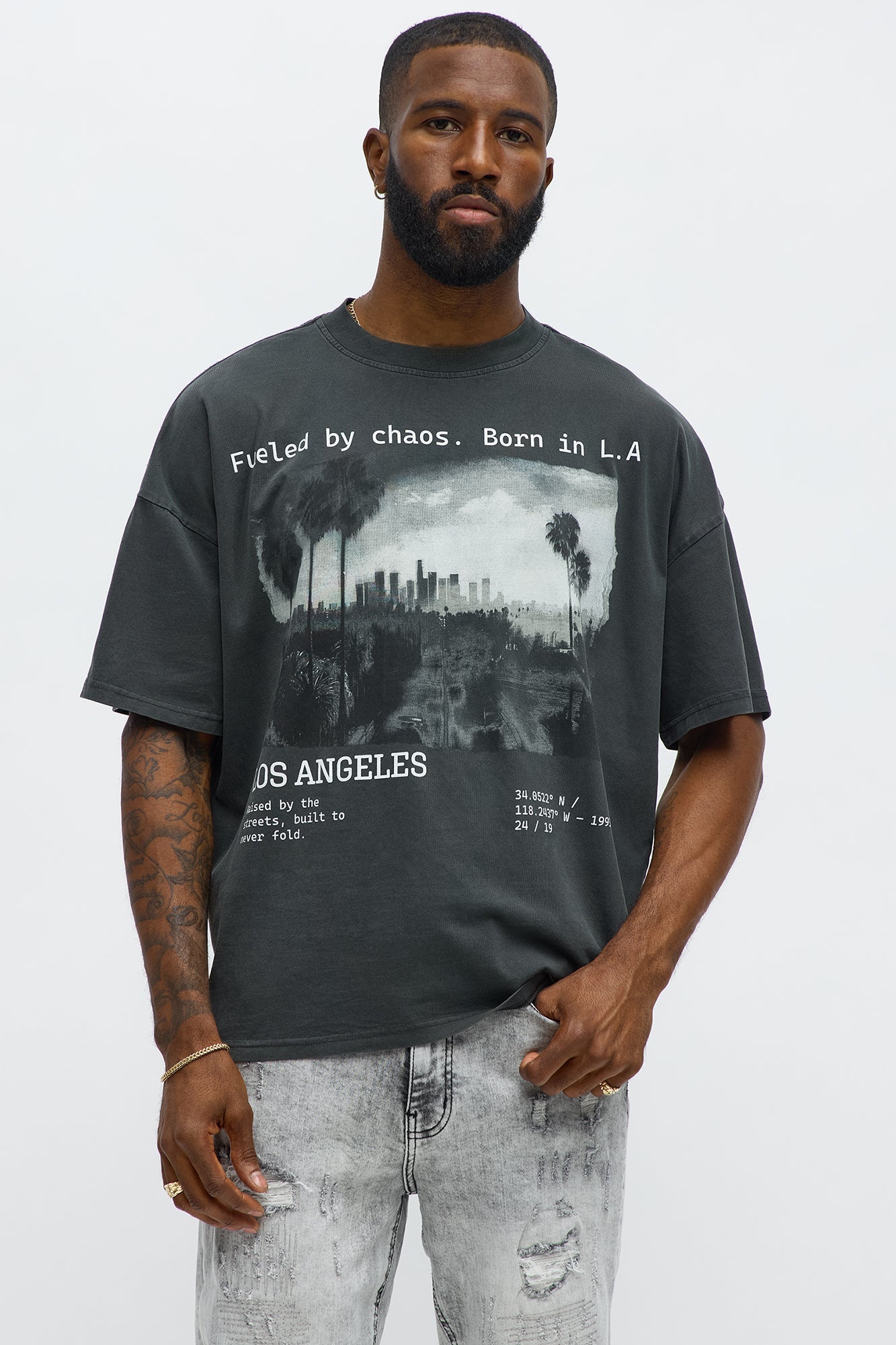 Born In LA Oversized Vintage Short Sleeve Tee - Black Wash