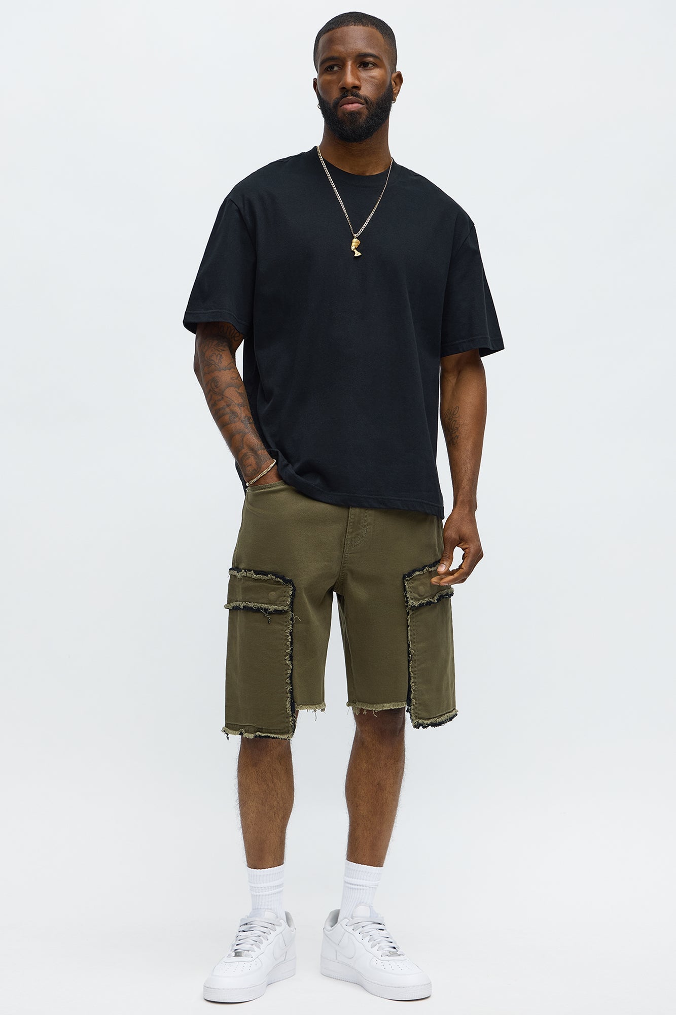 Murphy Raw Relaxed Cargo Denim Shorts - Olive